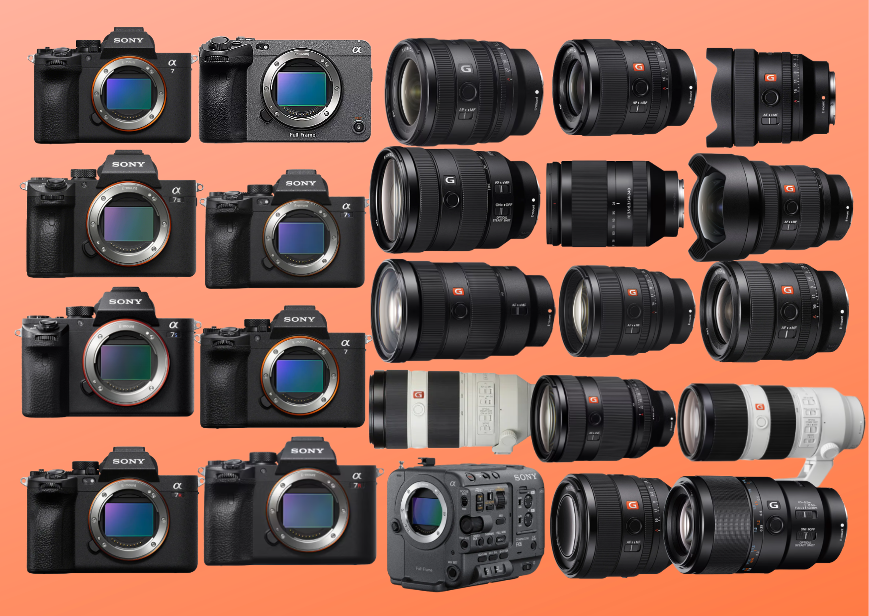 Sony a7 iii (73), a7 iv (74), a7 v, a7s iii (s3), a7s ii (s2), a7r iv (r4), a7r v (r5), fx3 & fx6 + g master lenses