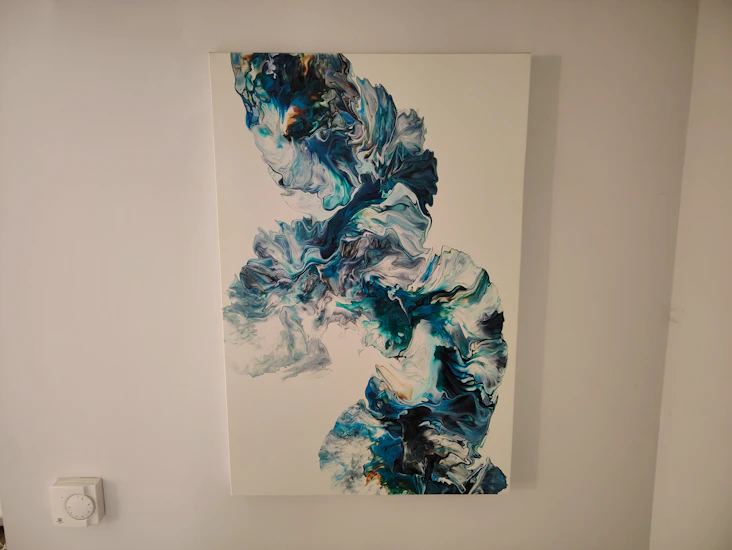 Large abstract fluid art canvas – oceanic blues & marble swirls