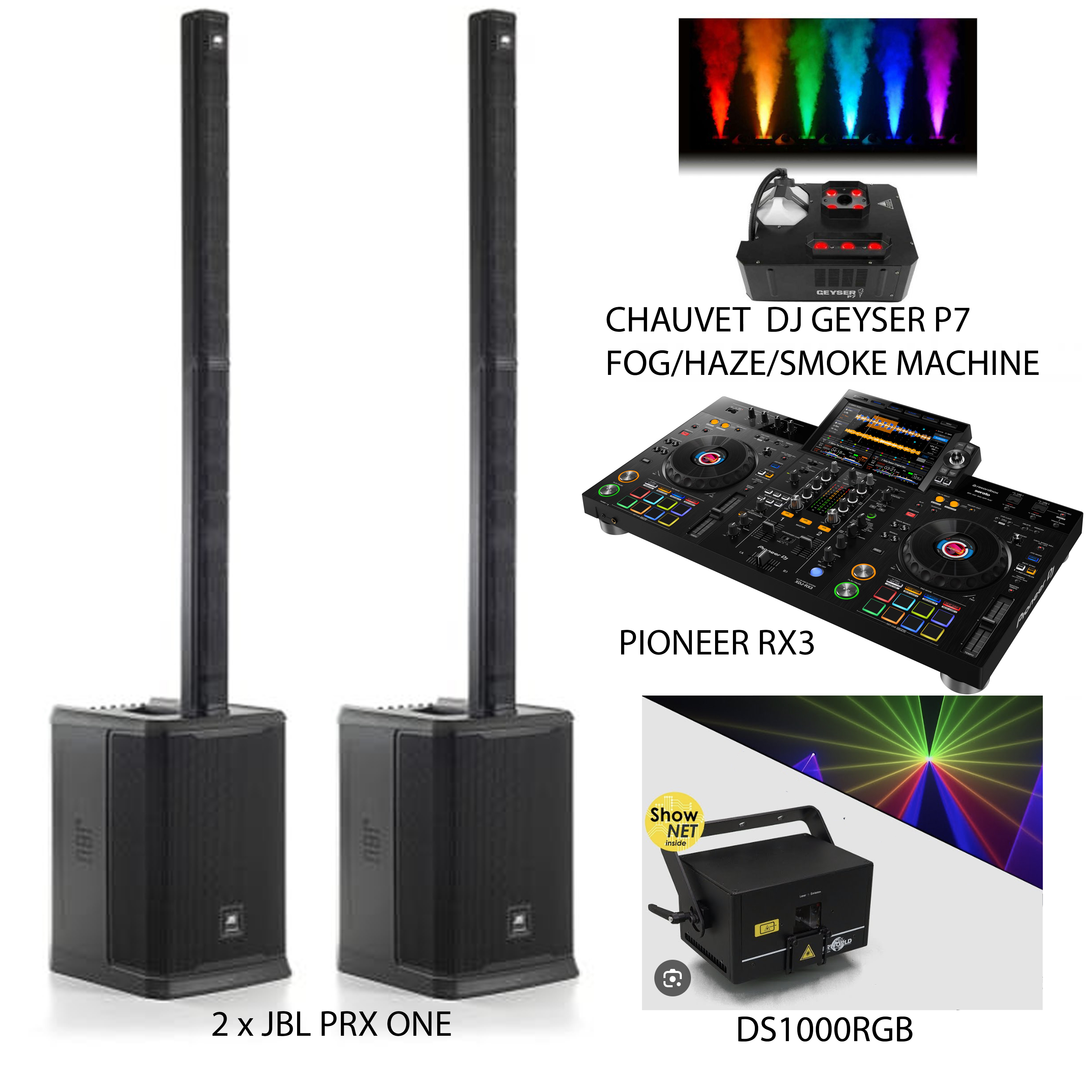 2 x jbl prx one 4000w speakers , chauvet  dj geyser p7 fog/haze/smoke machine  + laserworld ds1000rgb + pioneer rx3