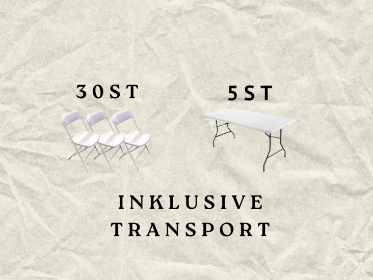 5 fällbord med 30 vita/svarta klappstolar - paketpris ⭐ (inklusive transport)