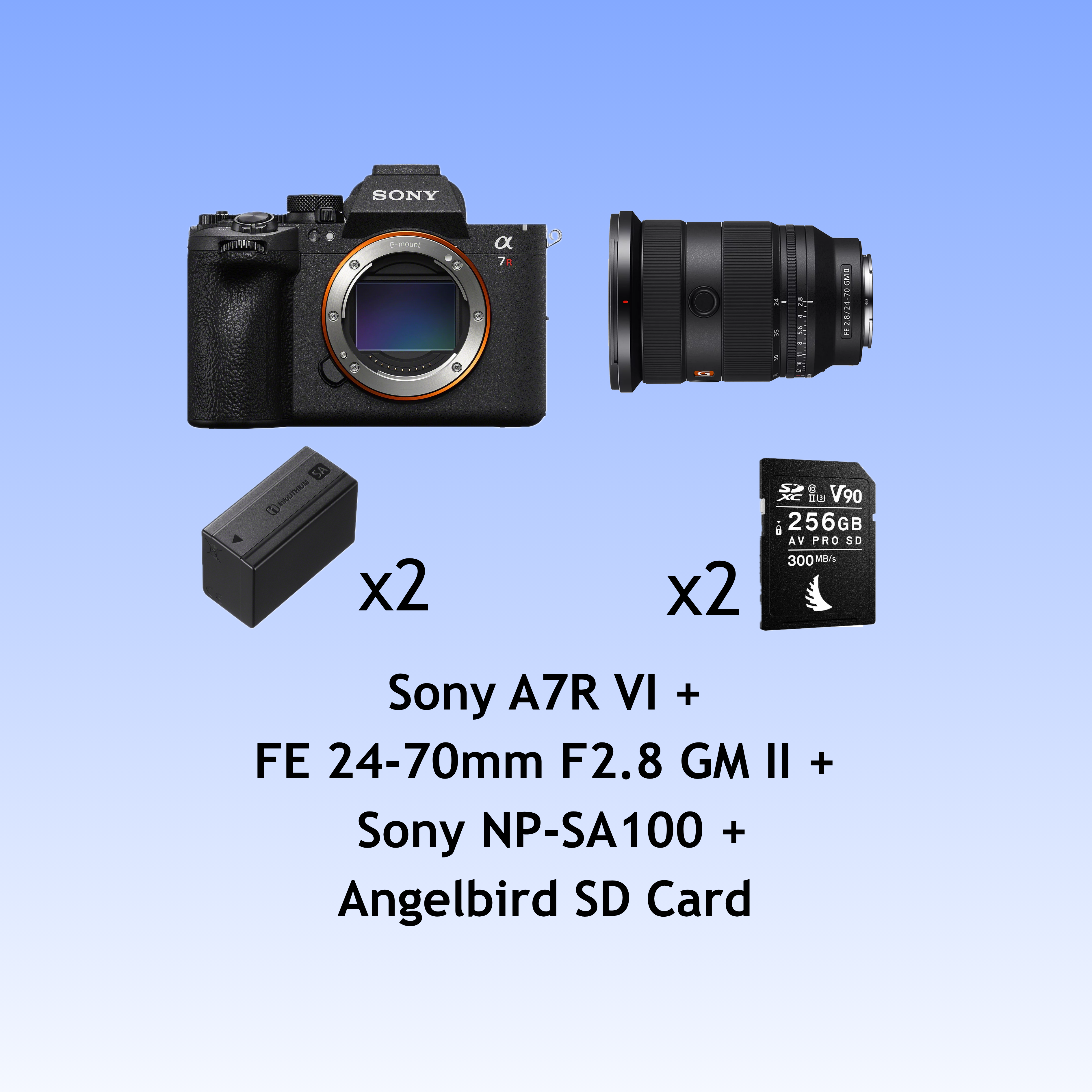 Sony a7r vi body + fe 24-70mm f2.8 gm ii + 2× sony np-sa100 batteries + 2×