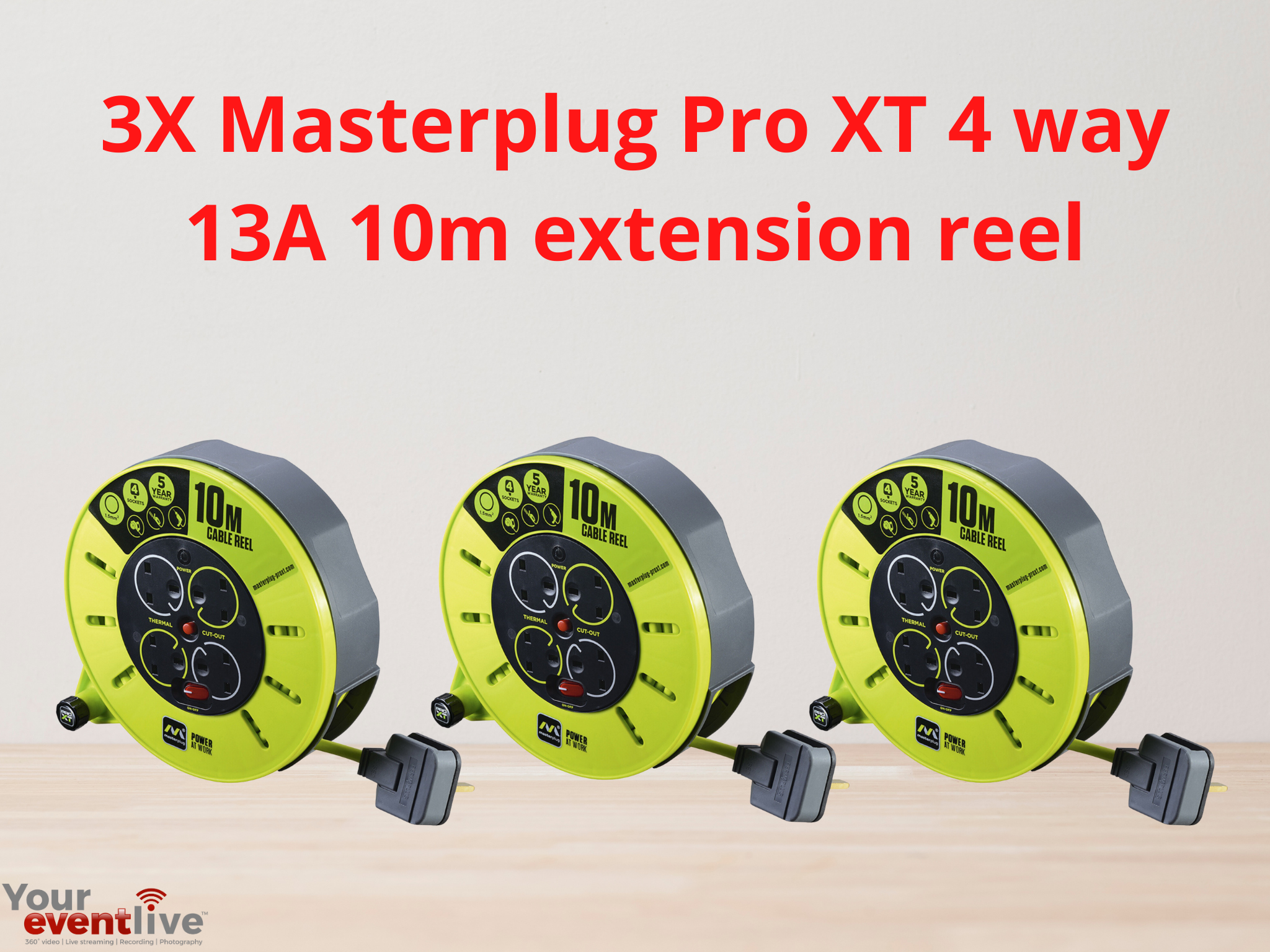 3x 4 way 13a 10m extension reel
