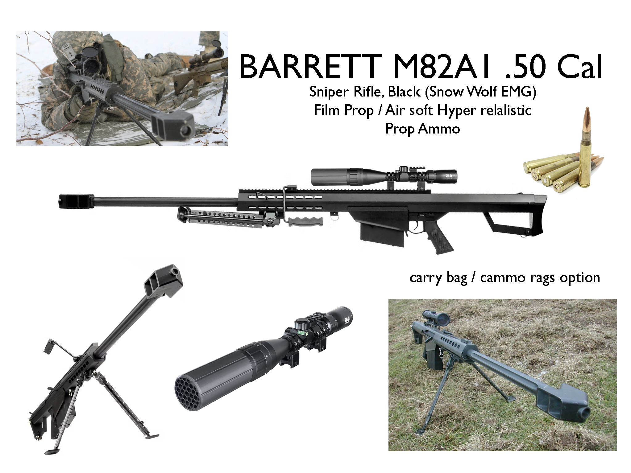 Film prop  barrett 50. cal sniper riffle black , w scope, ammo