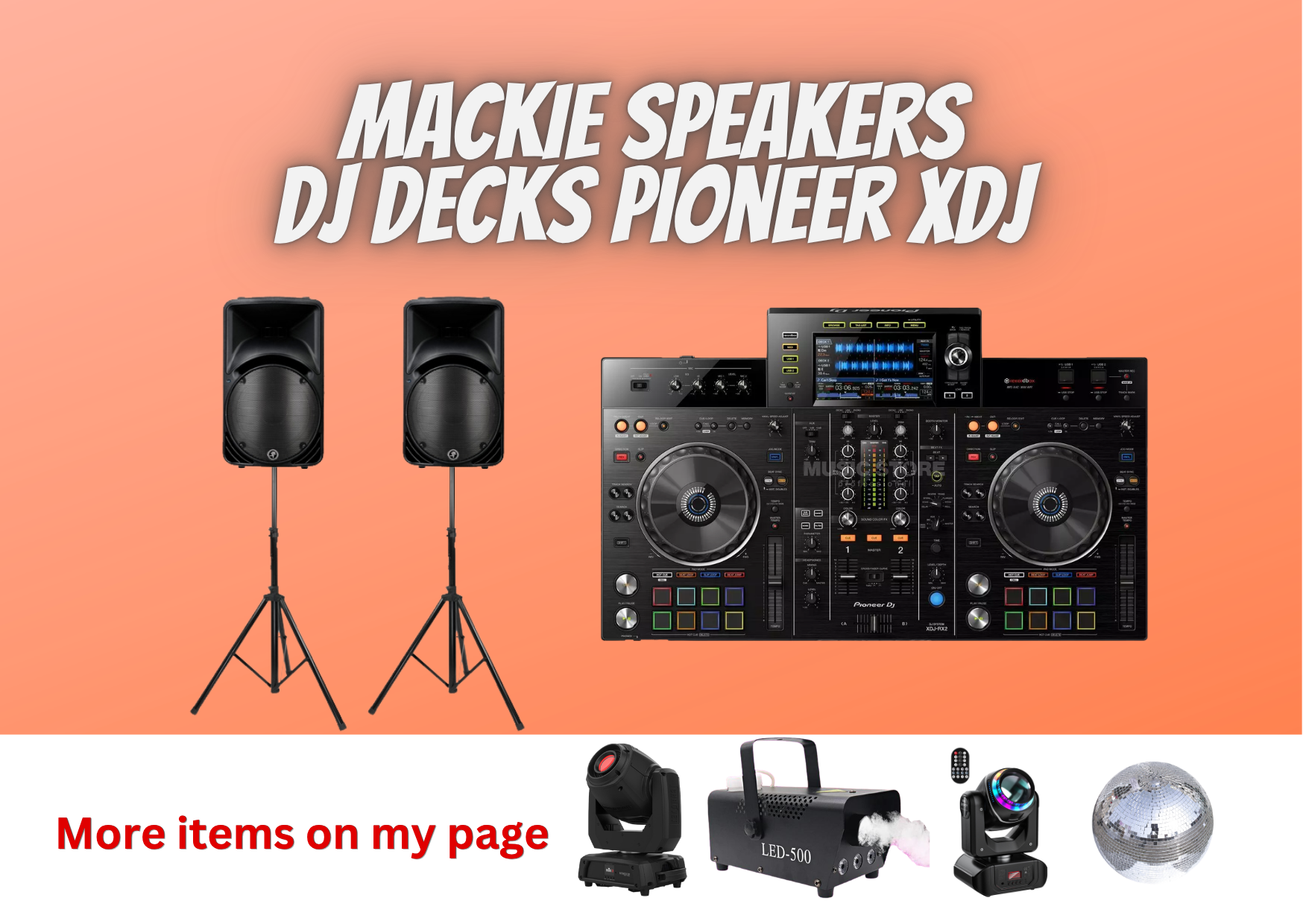 Mackie speakers + dj decks pioneer xdj, london