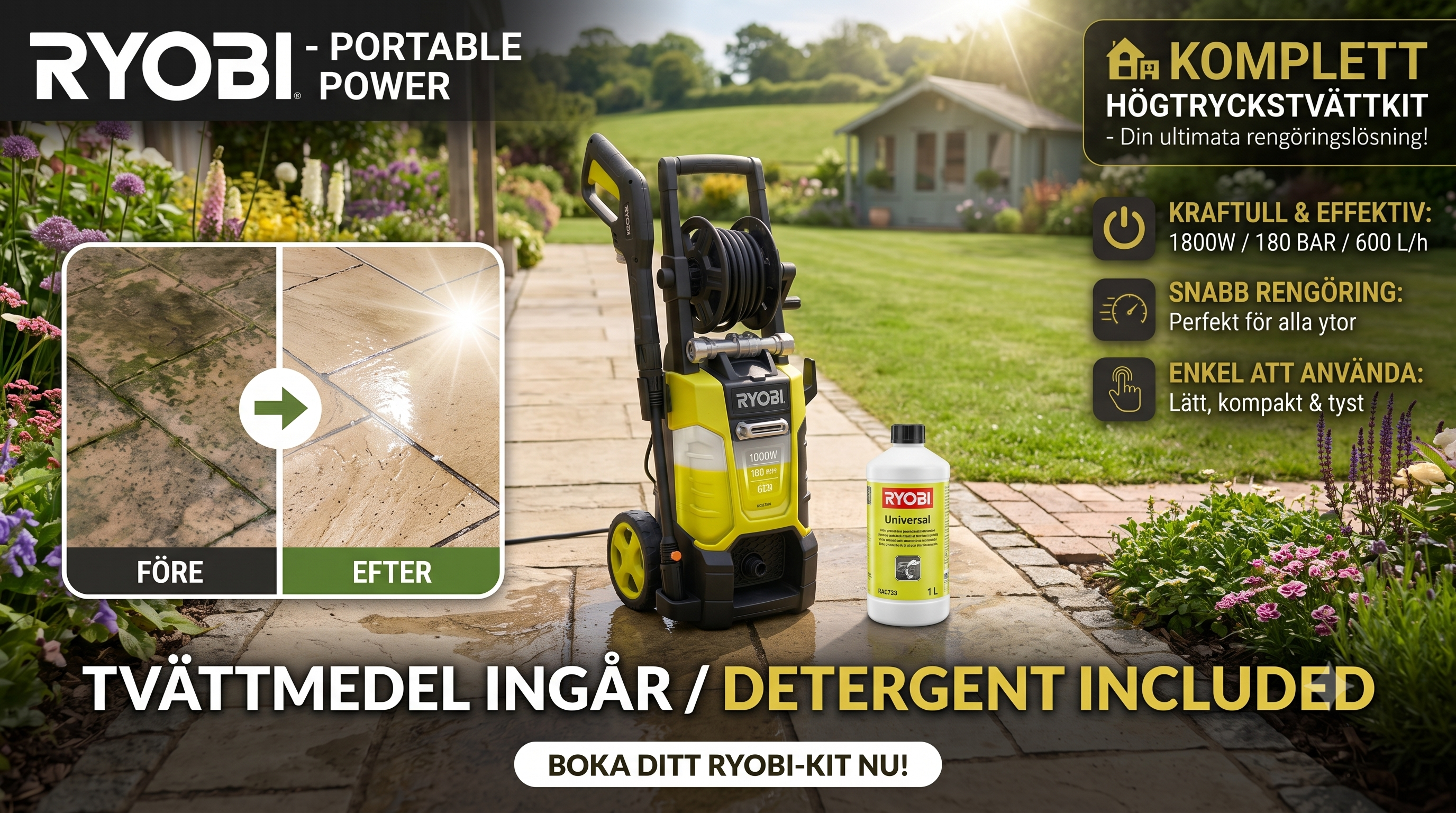Ryobi högtryckstvätt / pressure washer – tvättmedel ingår! | detergent included (stockholm)