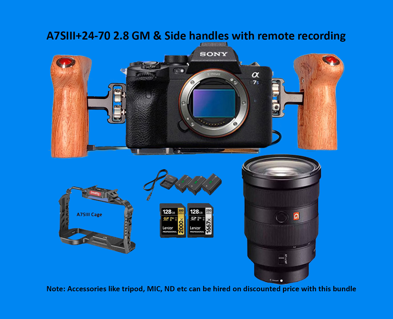 Sony a7siii, a7s3, a7s iii, 24-70 2.8gm plus small rig side handles with remote recording