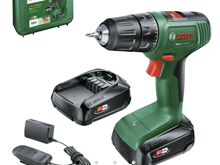 Boremaskin bosch grøn 18 v til leie og kommer med verktøy kasse med 60 deler.