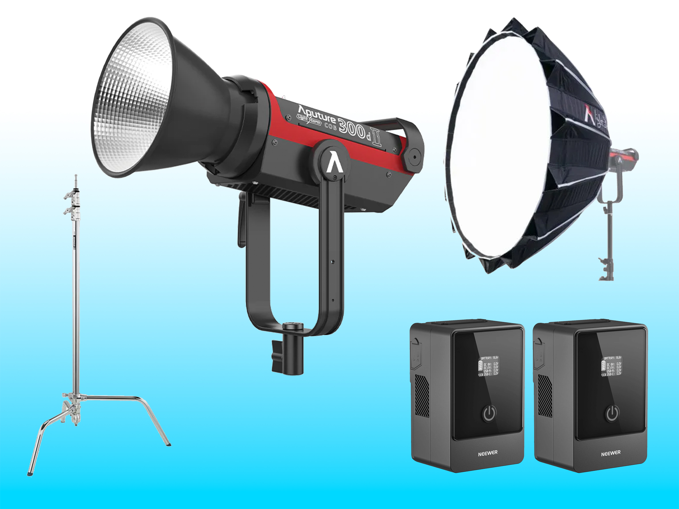 Aputure 300d mark ii, c-stand, light dome 3, 2 x v-lock batteries