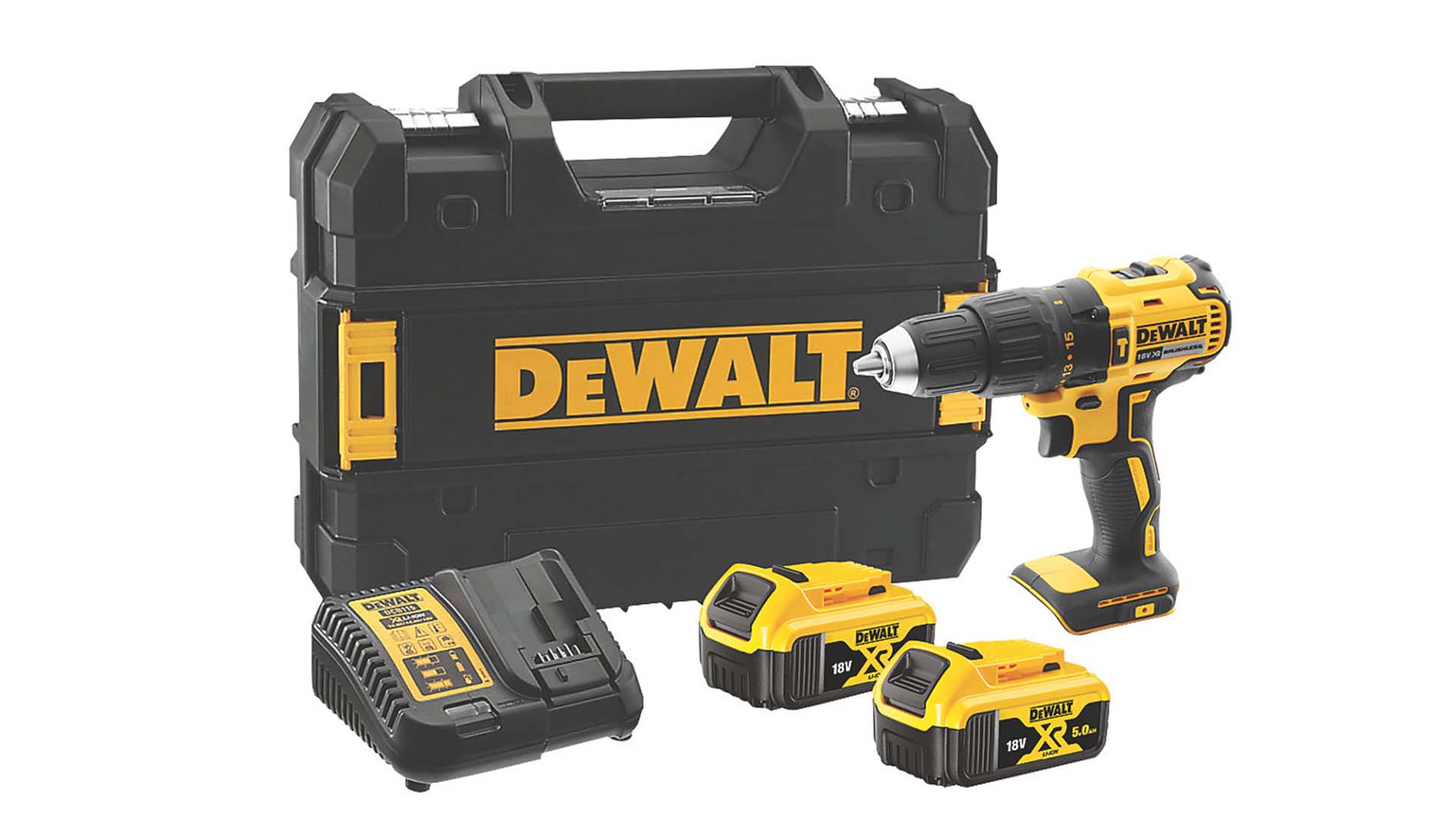 Dewalt combi drill cordless brushless drill , 18v x2 5.0ah batteries & multi-material drill bit set 100 pieces