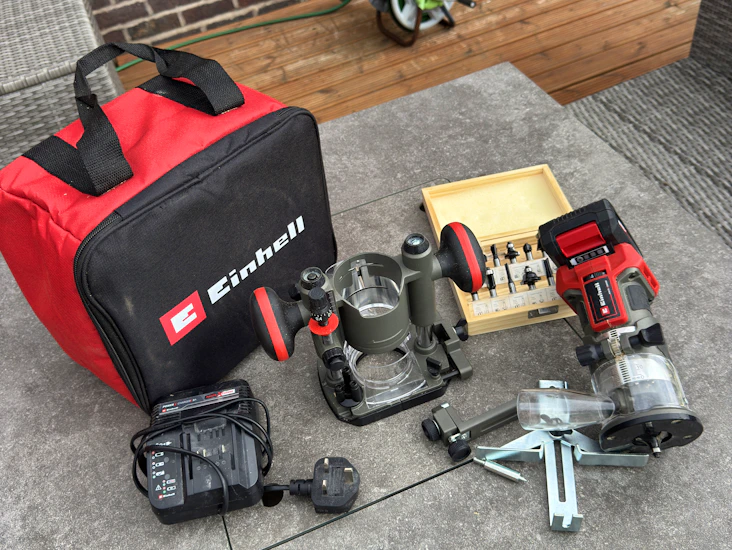 Einhell 18v cordless wood router set + 15 router bits – battery & charger included