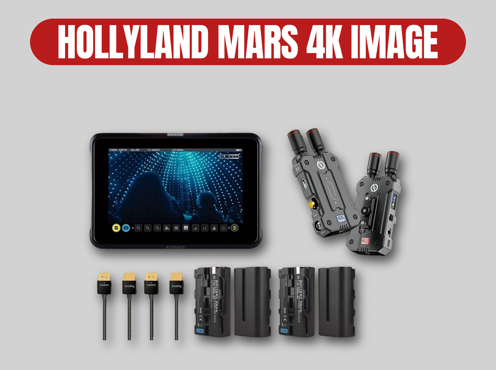 Hollyland mars 4k image transmission tx+rx & atomos shinobi 7” monitor | 4k hdmi | np-f power | wireless monitoring kit | london central