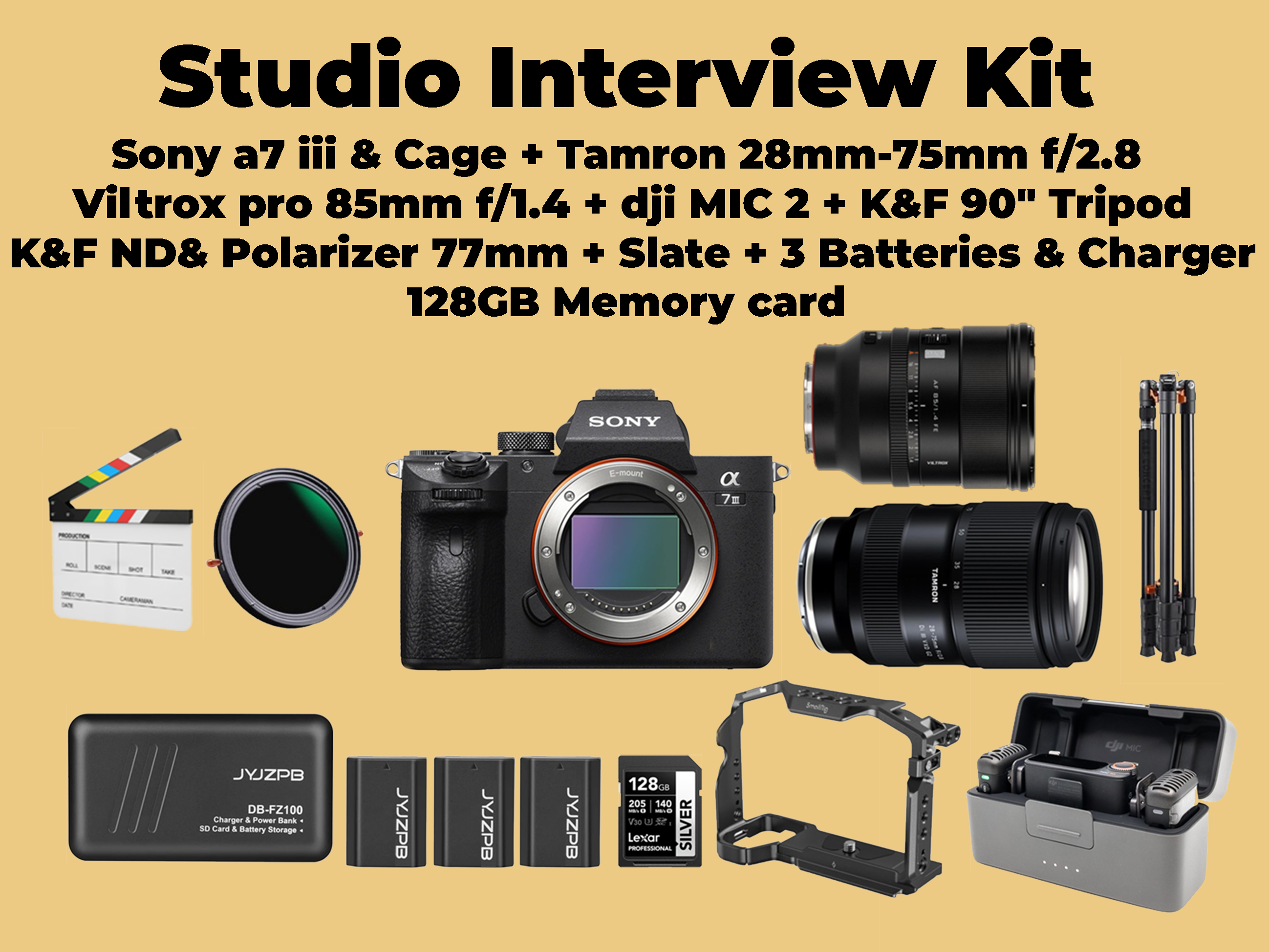 Studio interview kit camera body + lenses + tripod + wireless mic +slate + nd