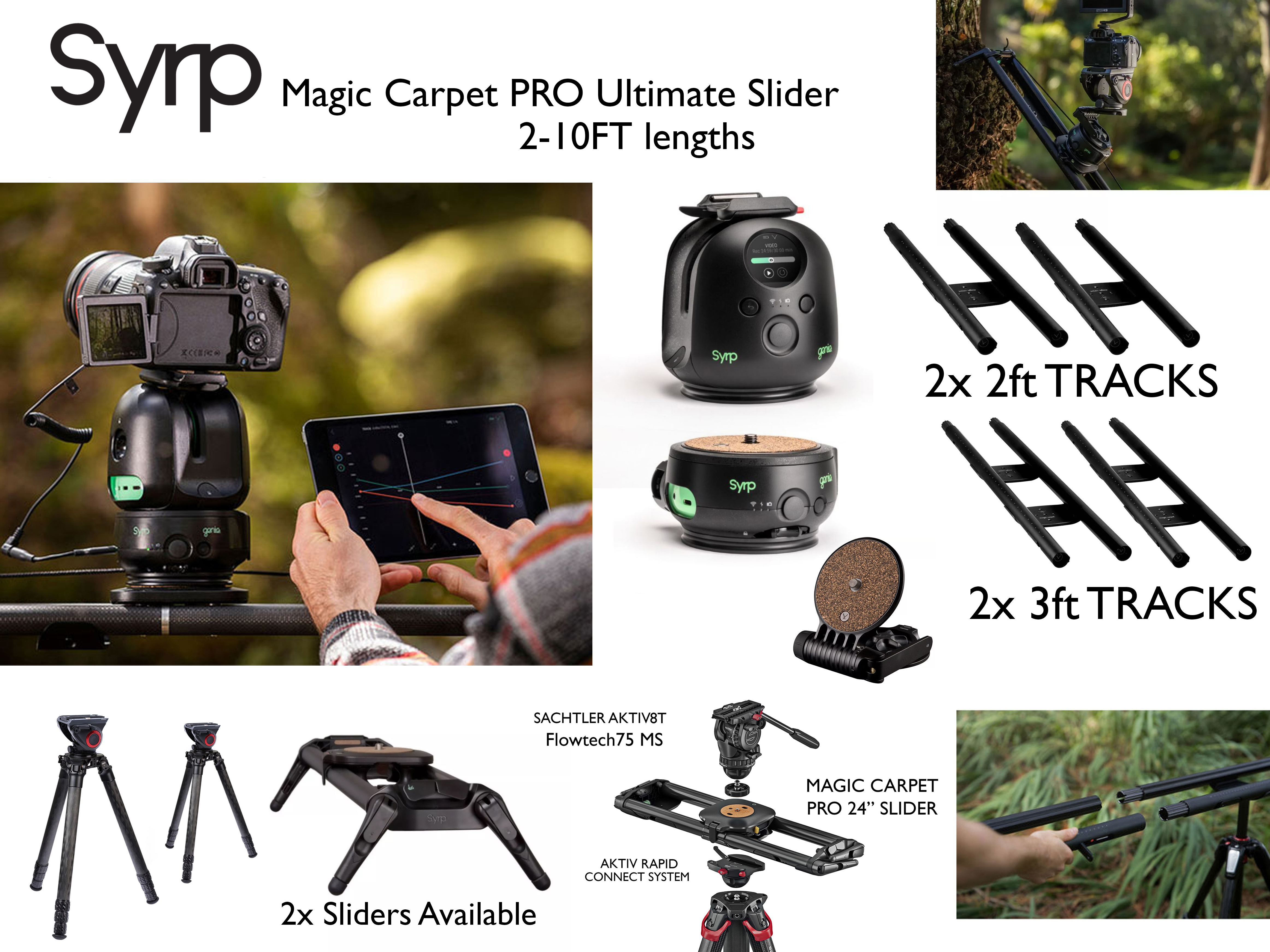 Syrp magic carpet pro 2, 3, 5, 6, 8,10ft slider / genie ii arc, pan, tilt, linear