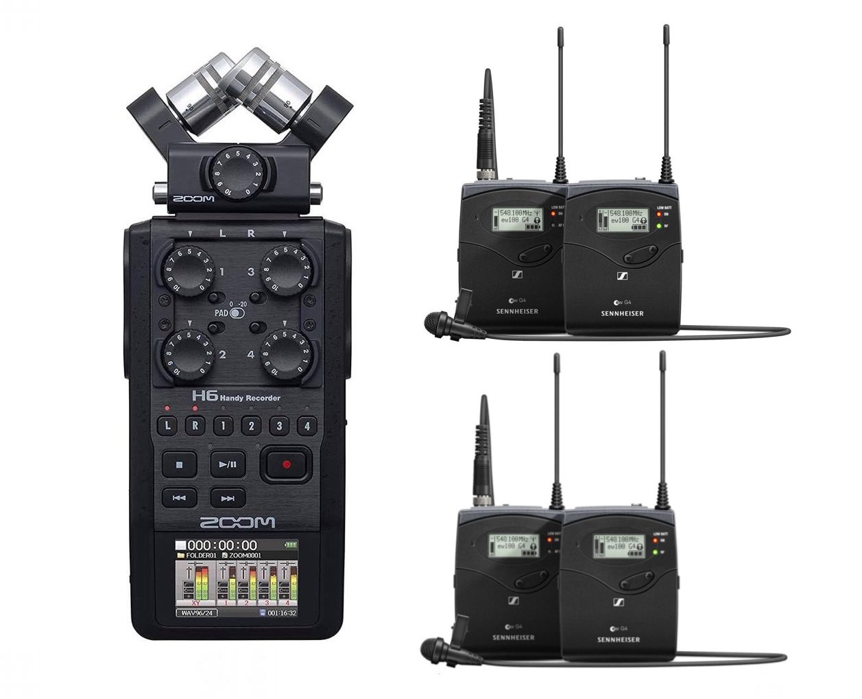 Zoom h6 recorder with 2x sennheiser g4 lavalier radio mic sets
