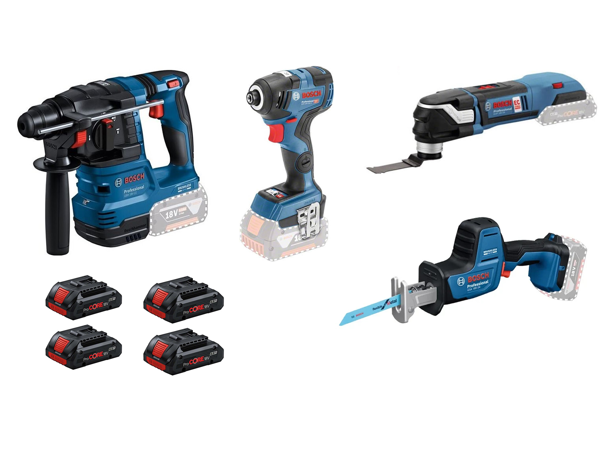 Bosch pro cordless power tools set - hammer drill, reciprocating saw, impact