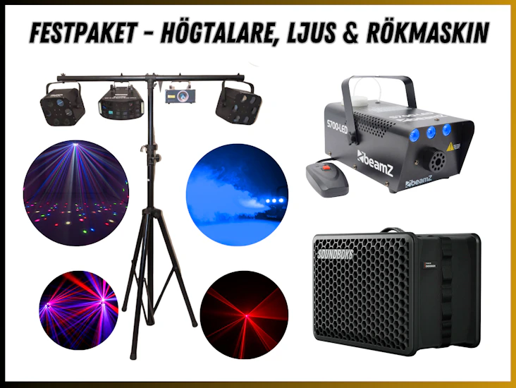 Festpaket - batteridriven högtalare, festljus & rökmaskin