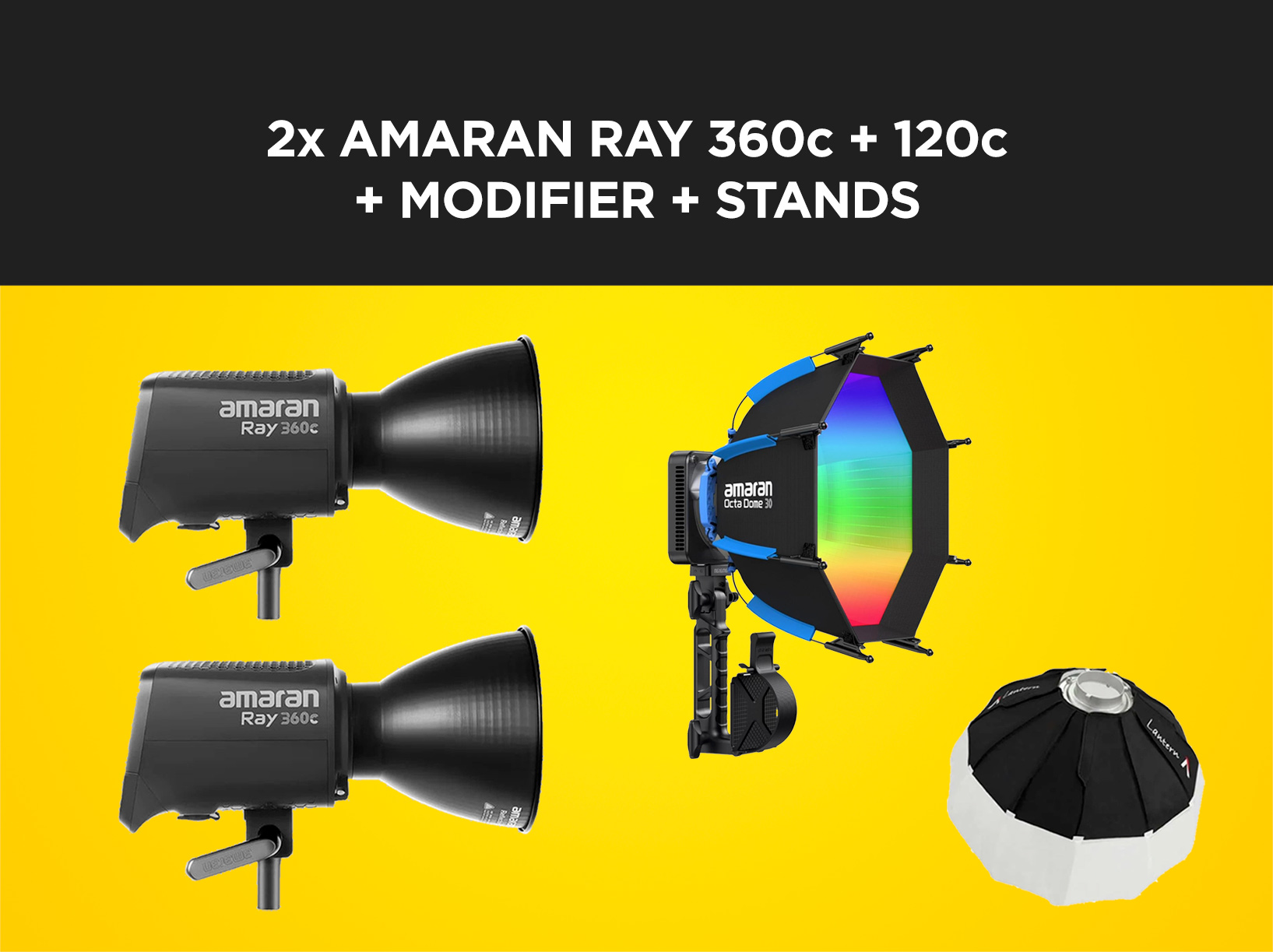 2x amaran ray 360c + 120c + modifier + stands (aputure)