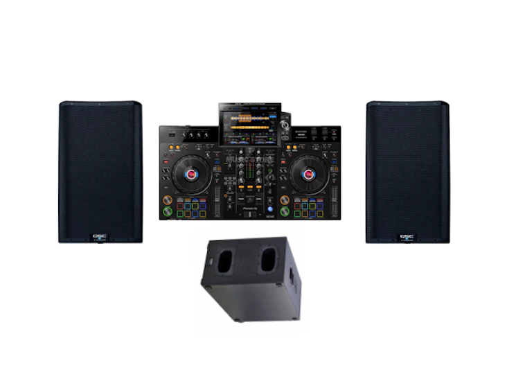 3000w dj package 1x cdj usb laptop serato deck 2x active speakers 1x subwoofer ( qsc k8.2 + ks212c pioneer dj xdj rx3)