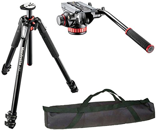 Manfrotto mt055xpro3, 055 aluminium 3 section tripod with horizontal column, mirrorless, black & mvh502ah video head with flat base and fix