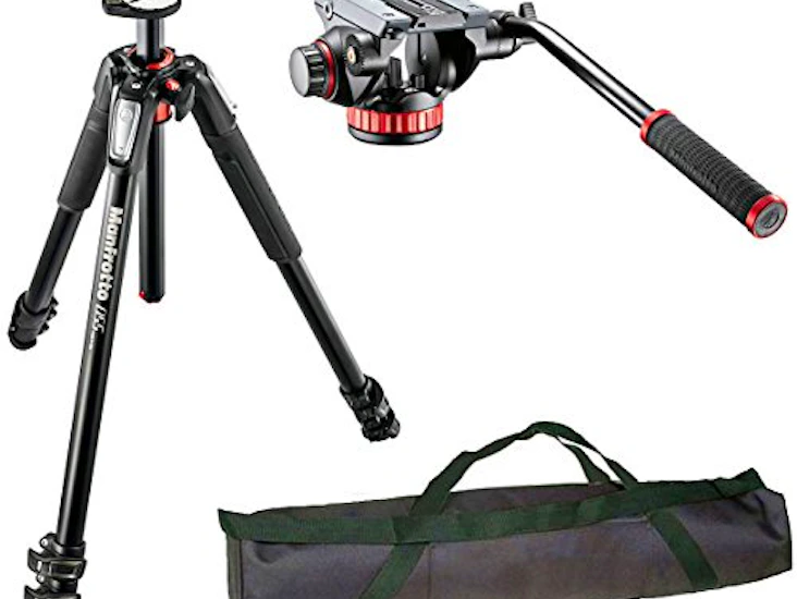 Manfrotto mt055xpro3, 055 aluminium 3 section tripod with horizontal column, mirrorless, black & mvh502ah video head with flat base and fix