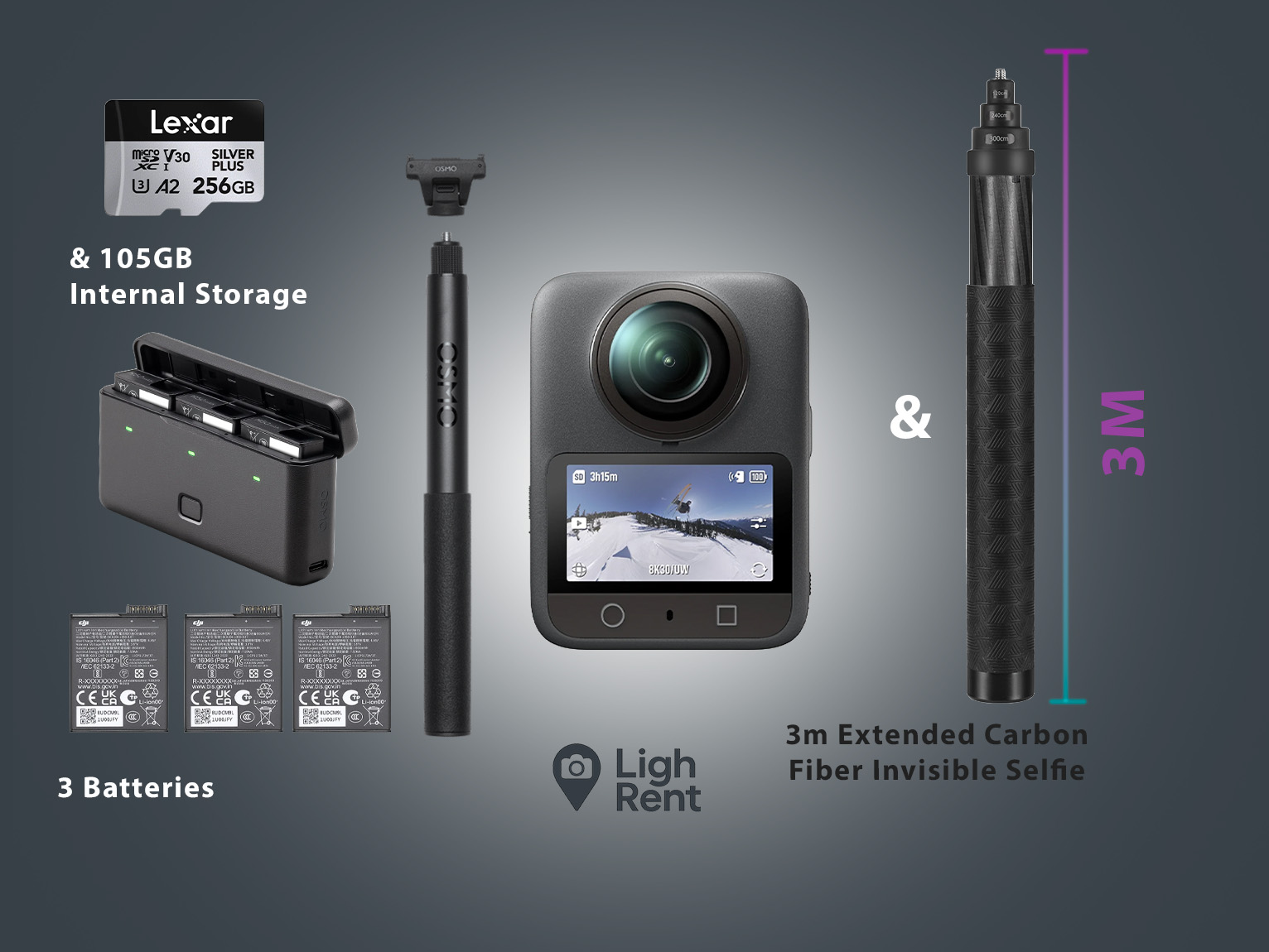 Osmo 360 x2 plus 3 batteries 256gb and 3m carbon fiber pole kit