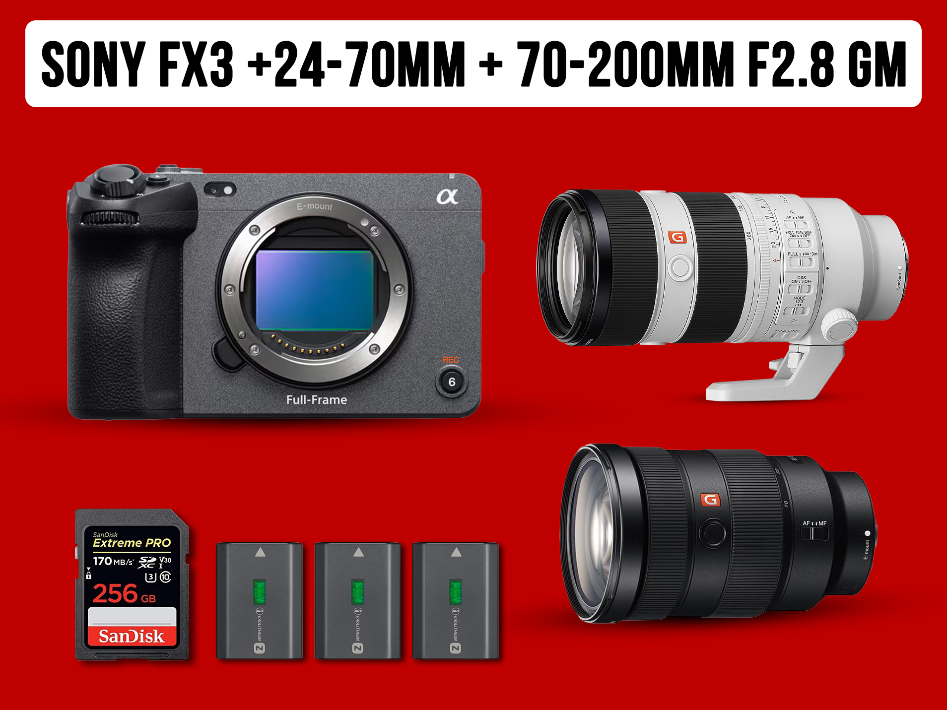 Sony fx3 full frame camera + 12-24mm g master zoom lens + 24-70mm g master zoom lens lens 