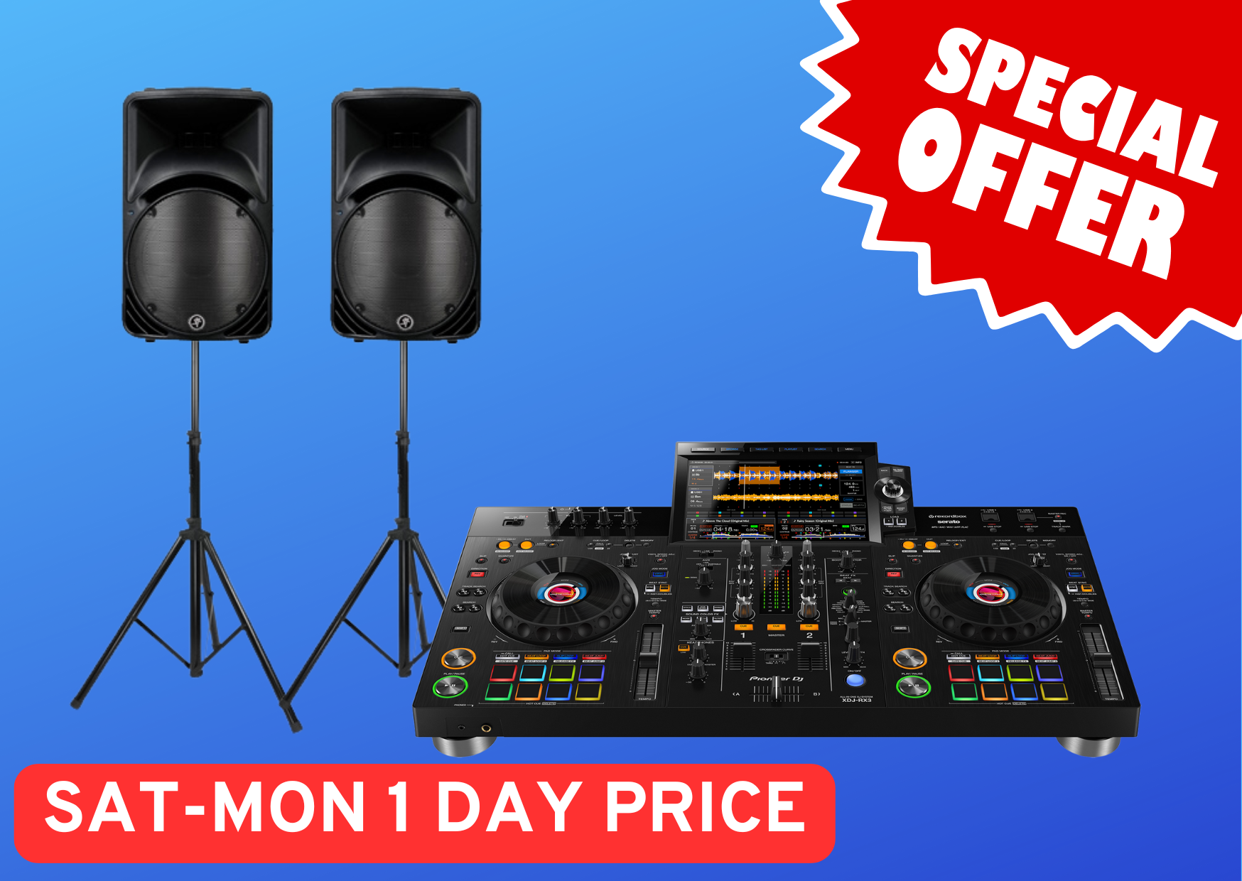 Pioneer xdj rx3 + 2x mackie 450 speakers , special offer weekend hire