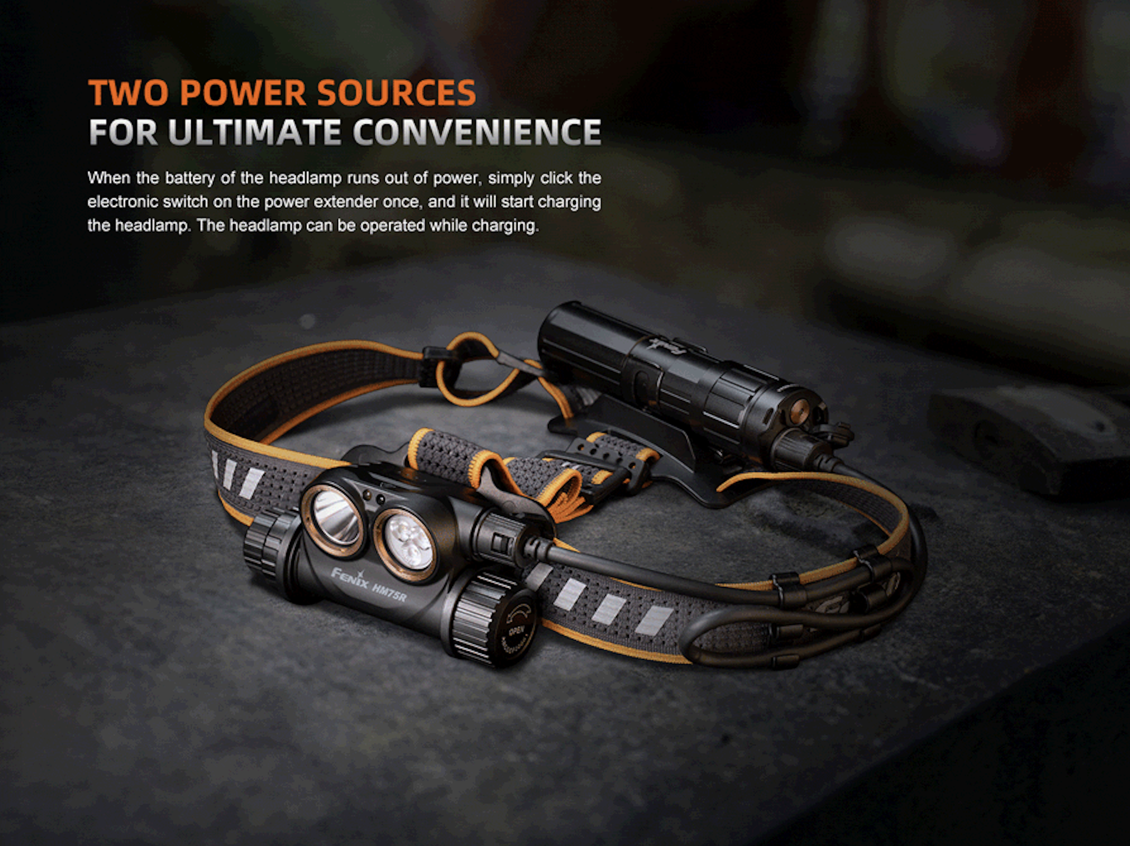 1800 lumen hodelykt: fenix hm75r superraptor 3s med power extender