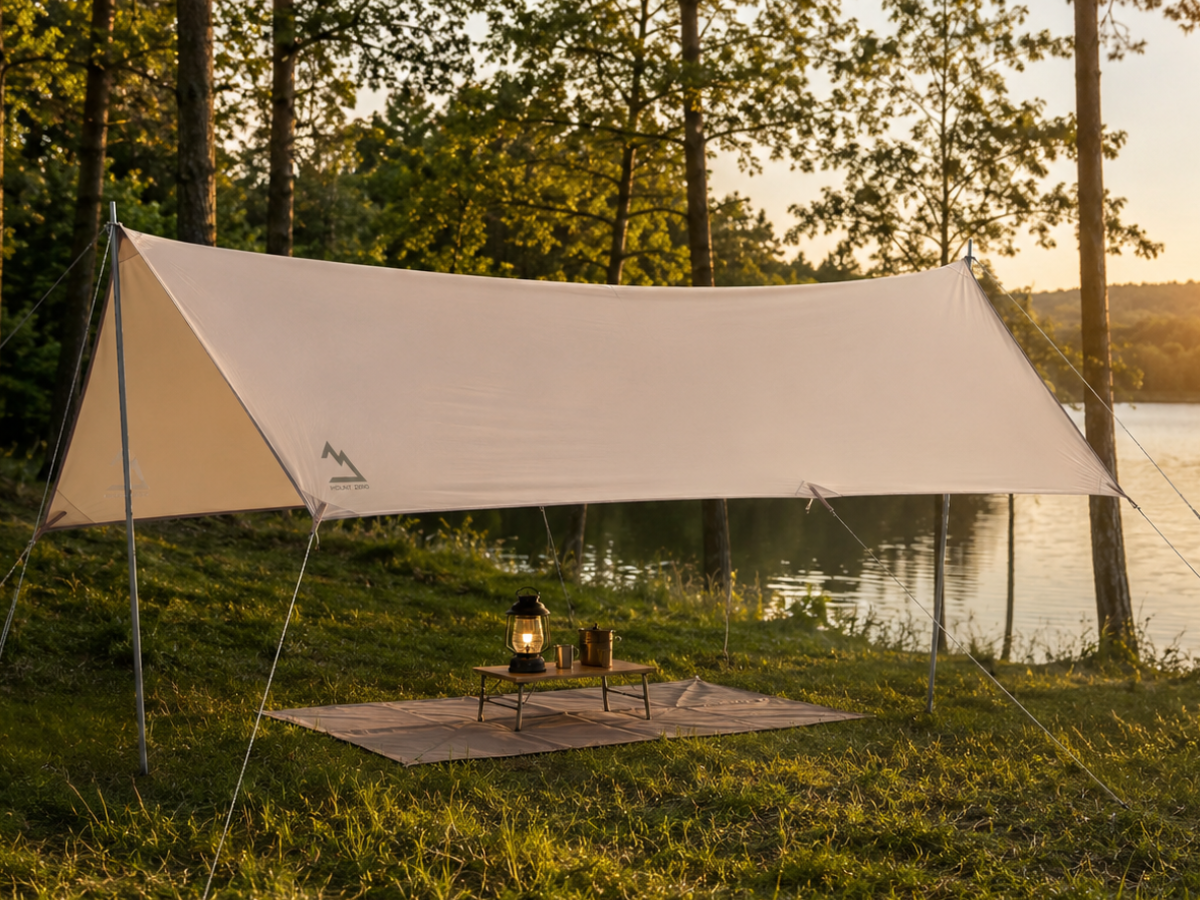 Stor vattentät tarp 4 × 2,4 m med stolpar, linor och tältpinnar