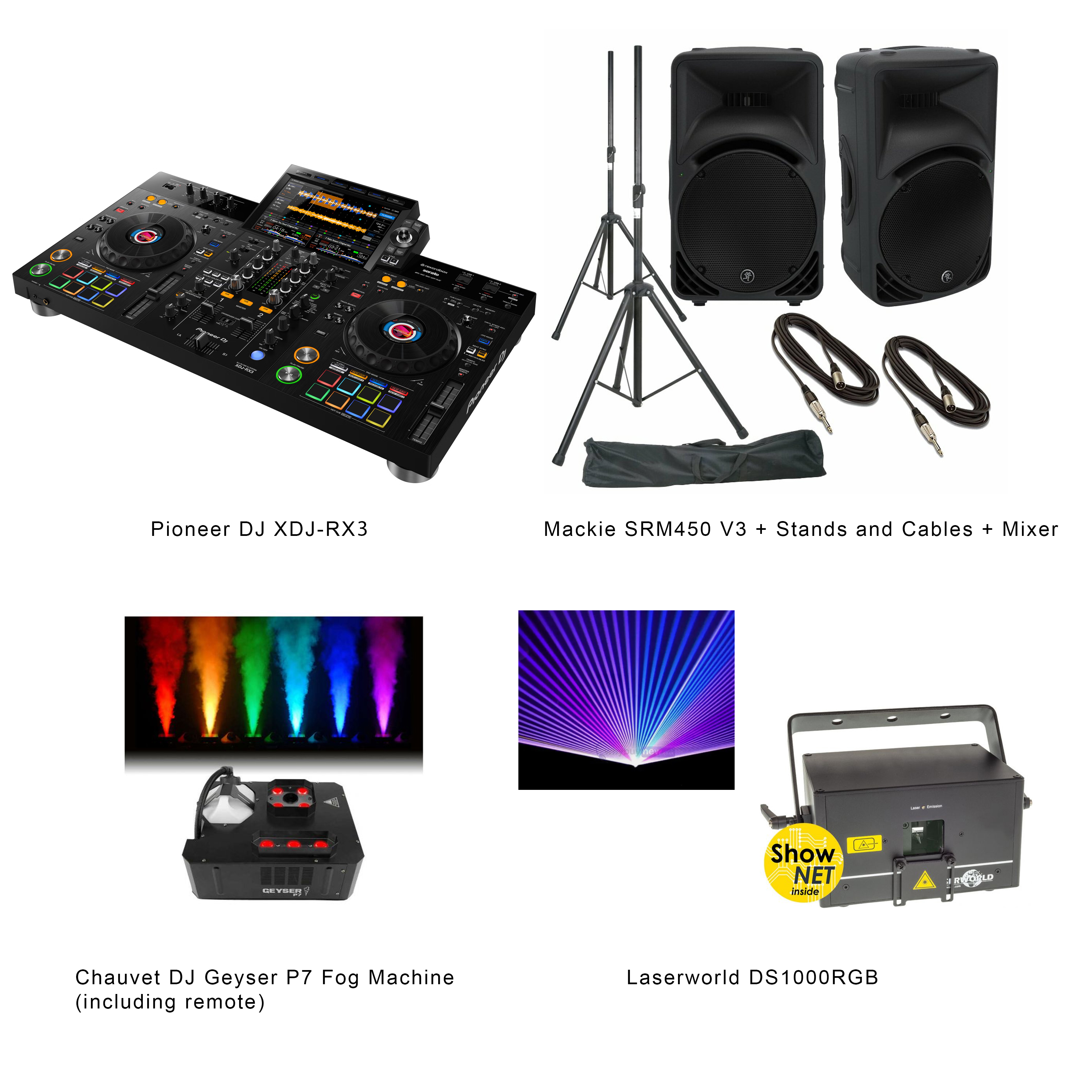 Pioneer xdj rx3 dj decks + 2 x mackie srm 450 v3 2000w speakers + stands + leads + laser + smoke