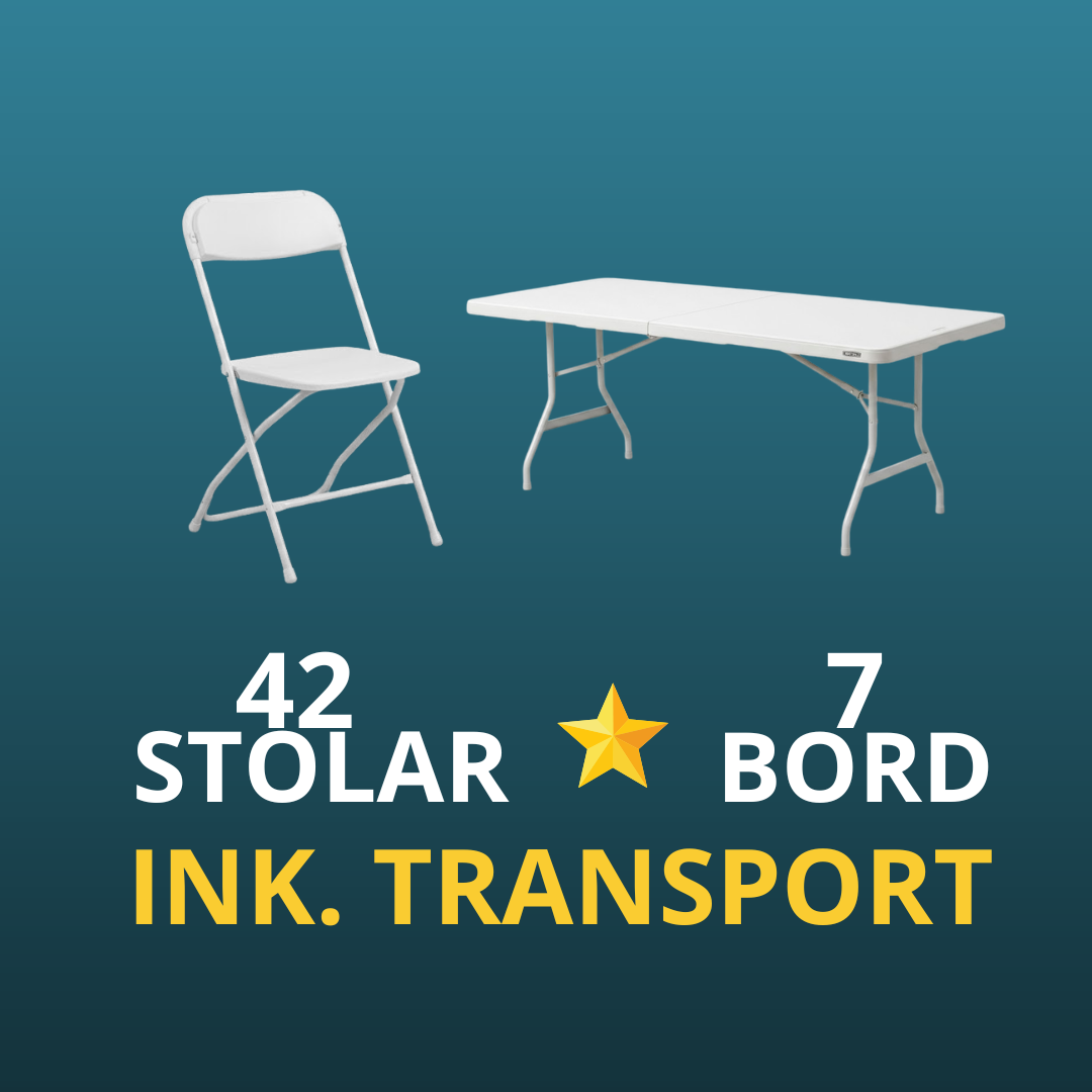 7 fällbord  med 42 vita/svarta klappstolar - paketpris ⭐ (inklusive transport)