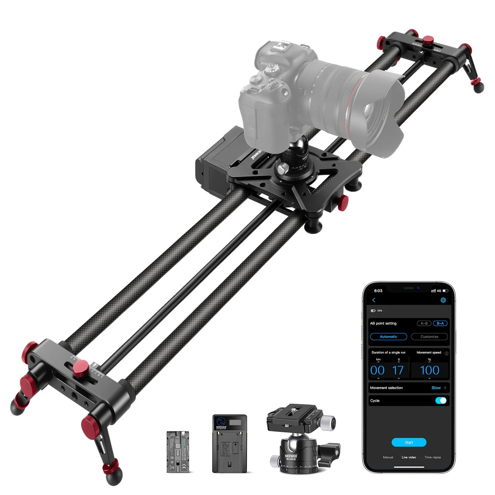 Neewer 120cm carbon fiber motorized camera slider with app control