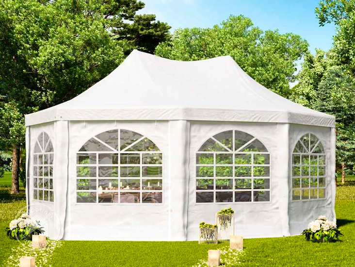 8-kantigt partytält 5,5×4 meter, monterat och klart.