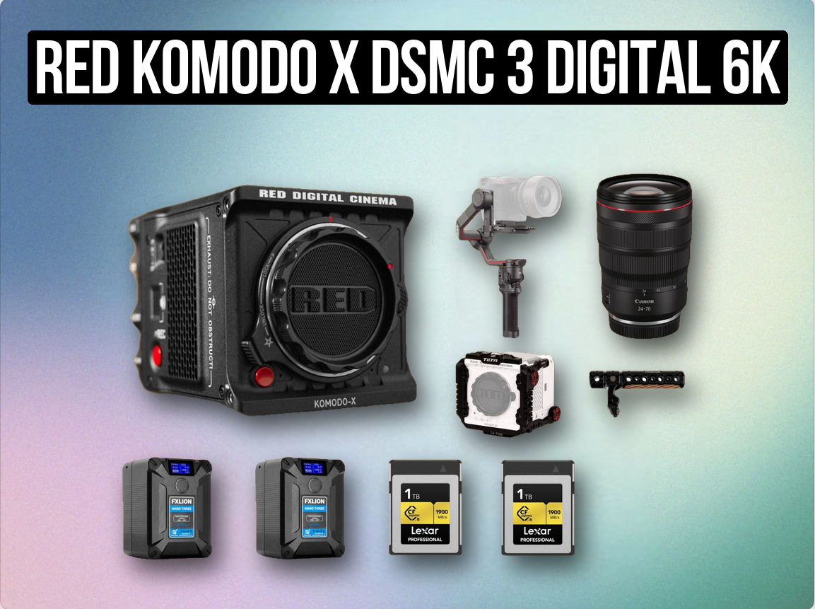 Red komodo x dsmc 3 digital 6k cinema camera + cannon 24-70mm f2.8 rf  usm i lens zoom + dji rs 3 pro gimbal + 2x v-mount battery + 1tb c fast card