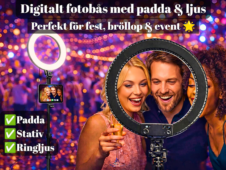 📸✨ digitalt fotobås med 11-tums surfplatta & ringljus – perfekt för fest, bröllop & event