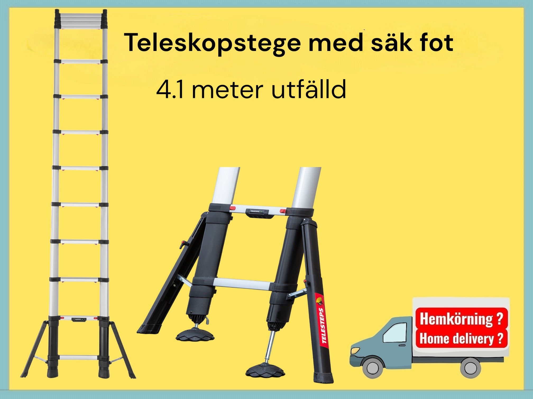  teleskopstege 4,1 m med trappfunktion och säkerhetsben