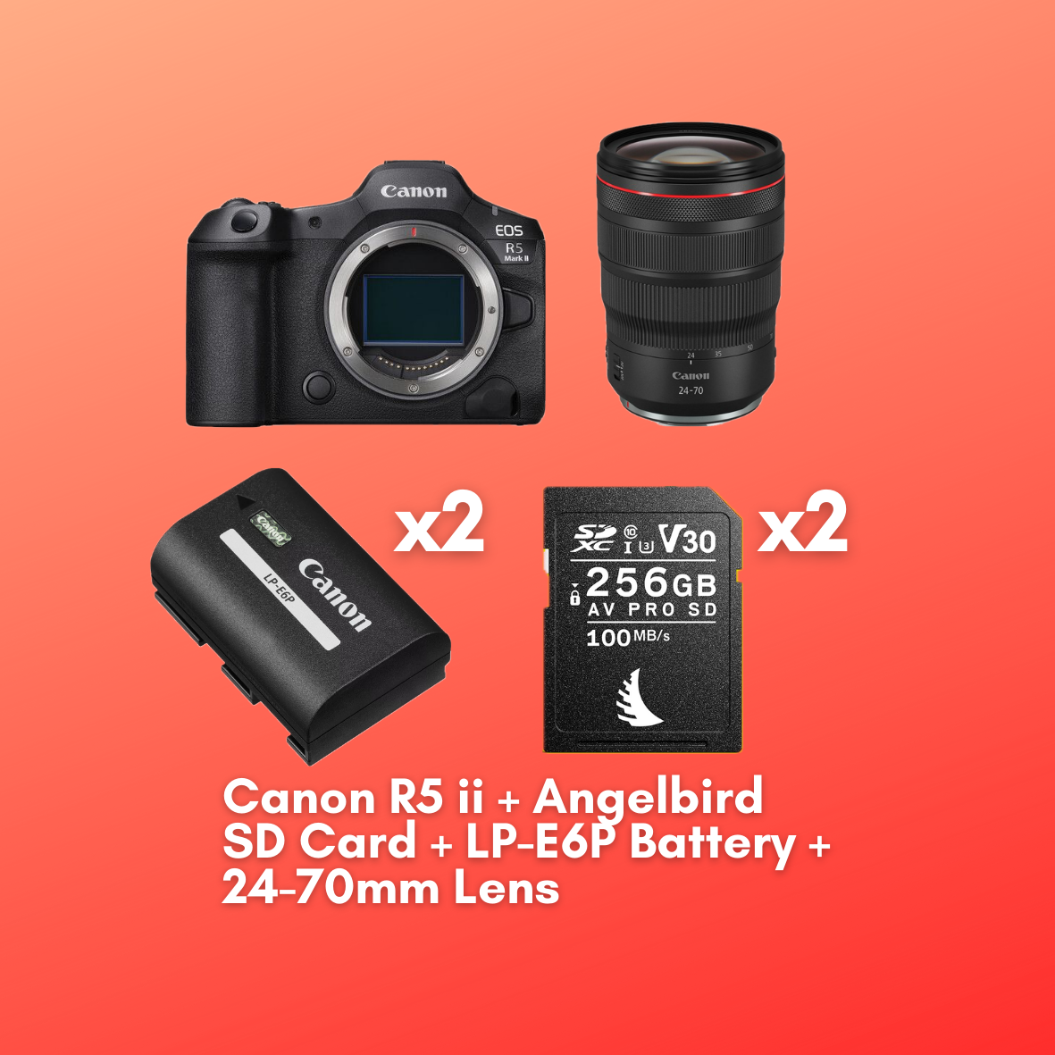 Canon eos r5 mark ii + rf 24–70mm f/2.8 l + 2× angelbird 256gb sd + 2× lp-e6p