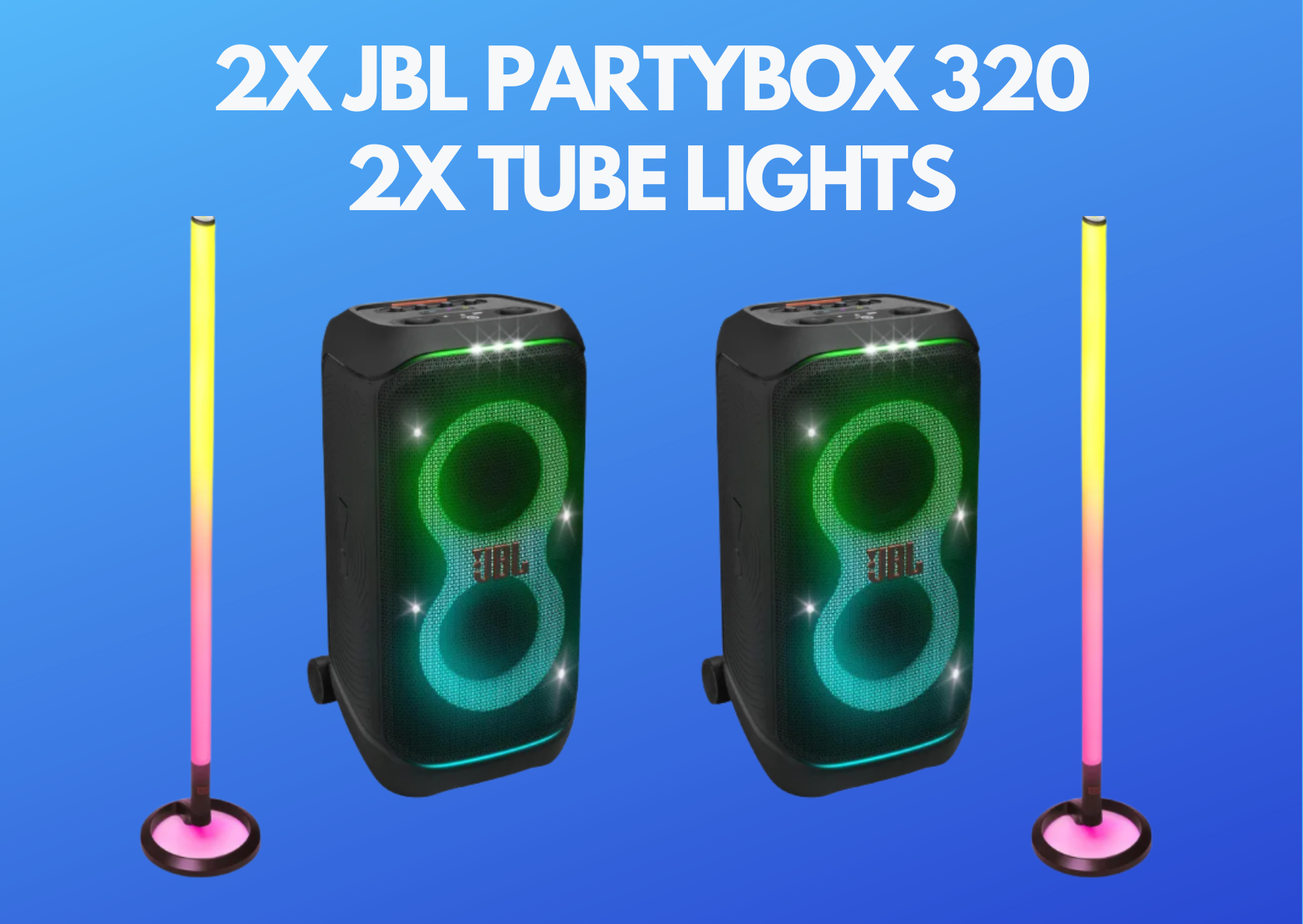 2x jbl partybox 320 portable bluetooth party speaker with wheels and telescopic handle + tube lights (2x) - jbl partylight stick 