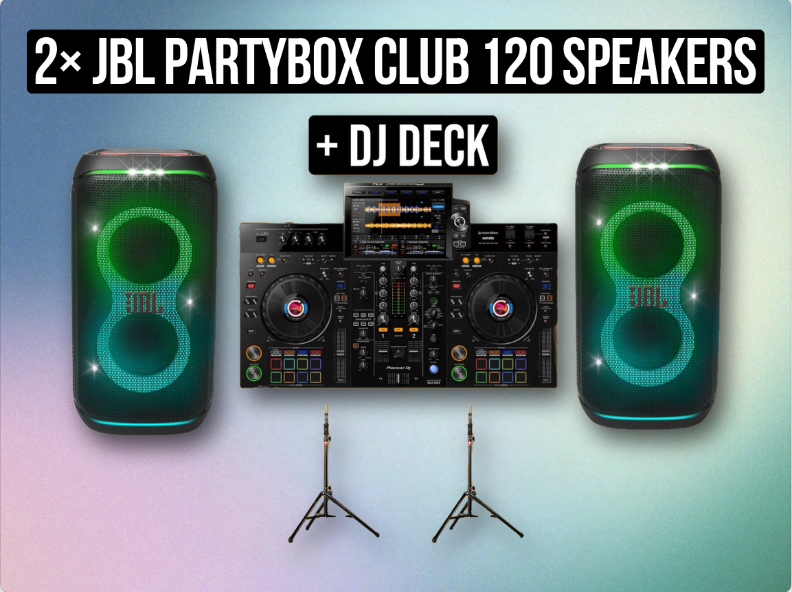 2× jbl partybox club 120 speakers + pioneer dj deck rx2 controller | full dj party sound system with stands & cables (like partybox 310/710 + rekordbox controller) event