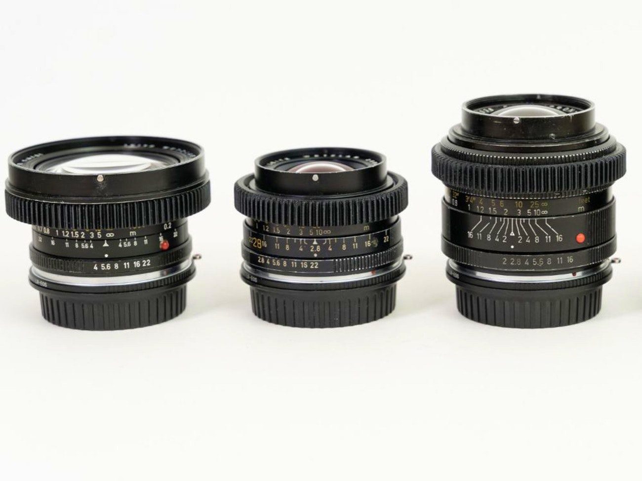 3x cinema lens kit leica-r cine-mod ef mount 21mm f4, 35mm f2, 50mm f2 prime lenses leitz