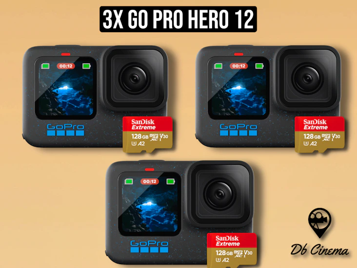 3x go pro hero 12 camera 4k set + 6x batteries + 3x 128gb sd cards