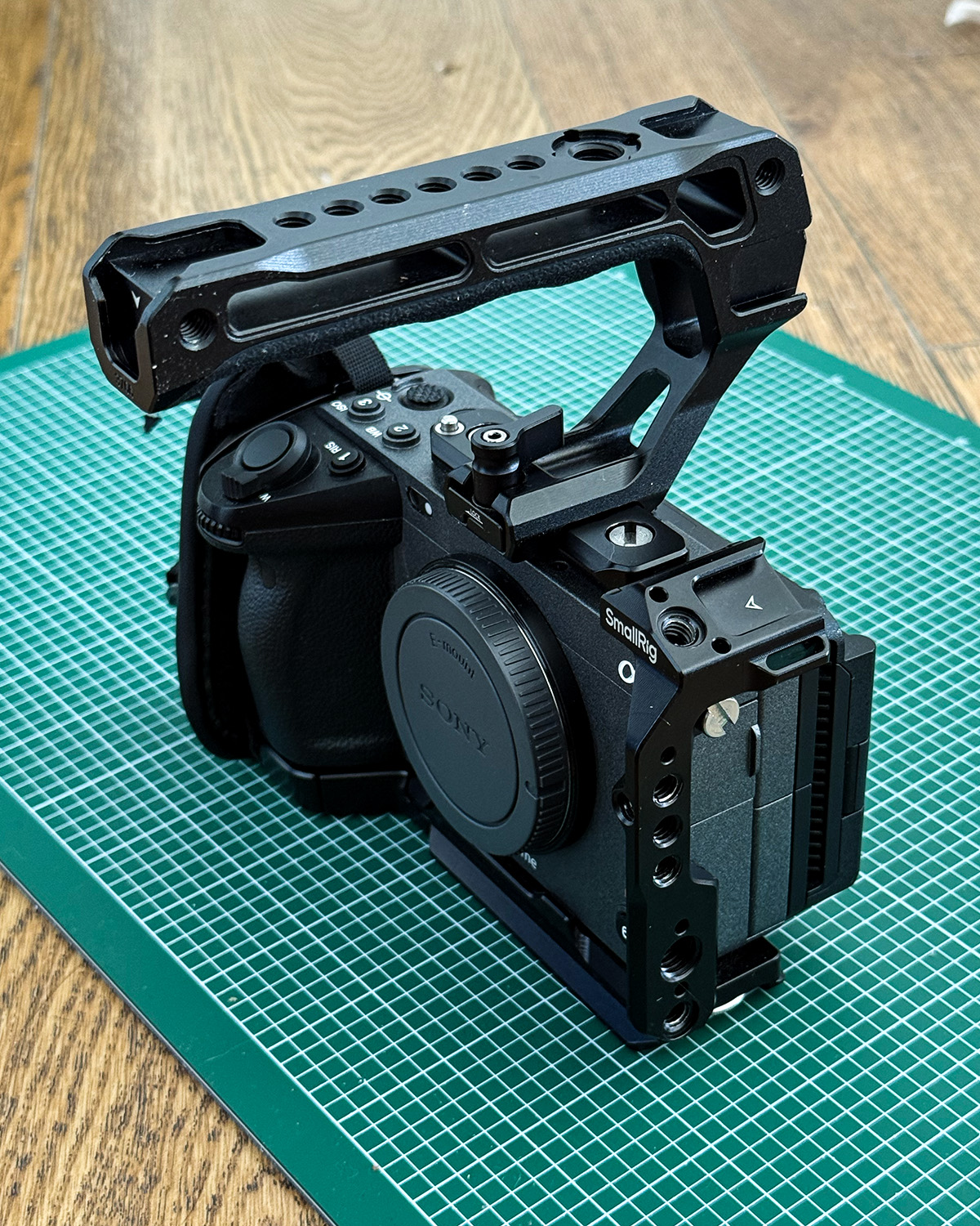 Sony fx3 cinema line camera with small rig cage and top handle