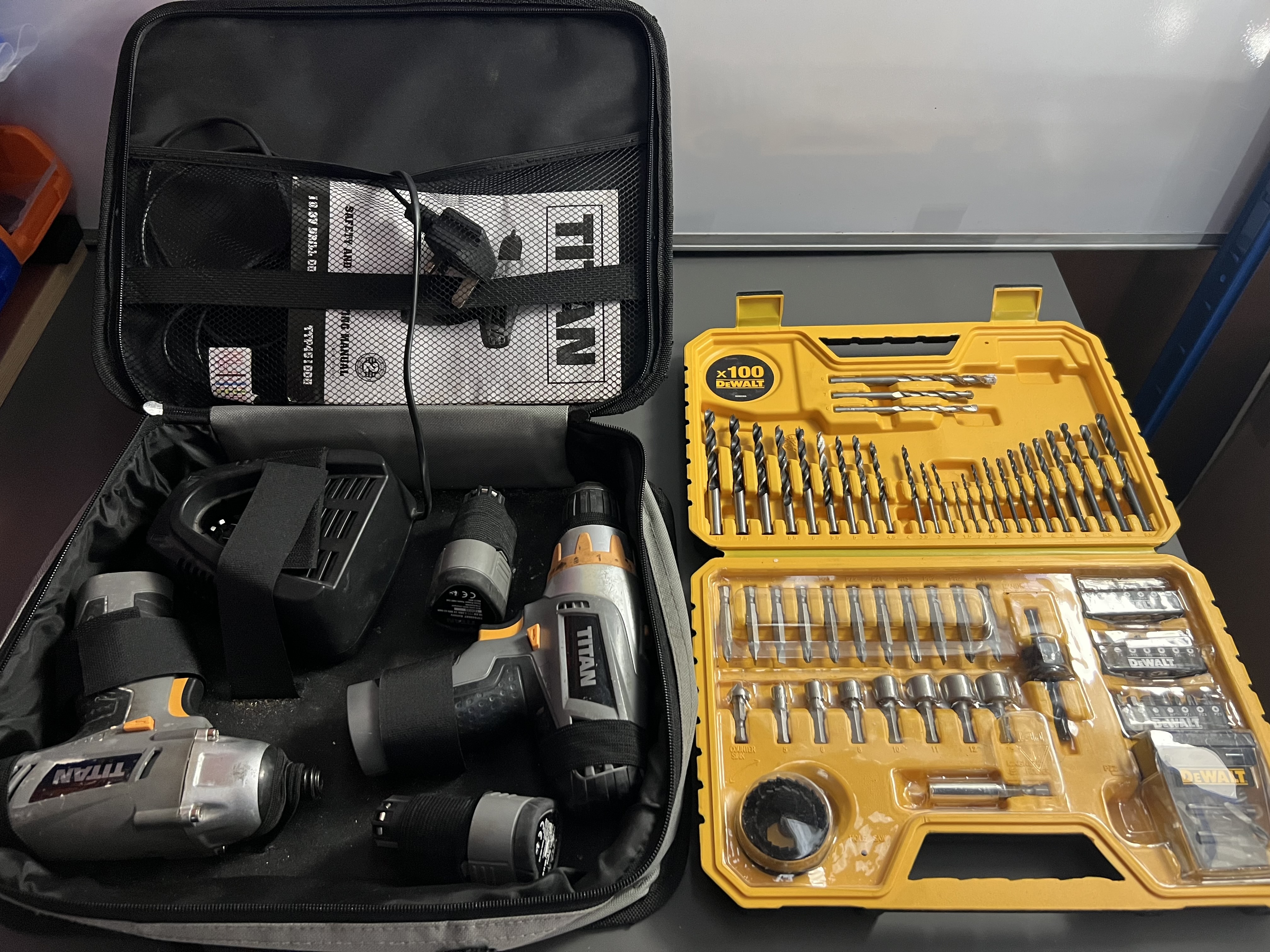 Titan cordless drill + impact driver kit (with dewalt bits) 🔧 