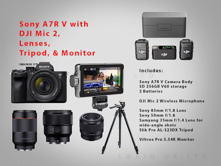 Sony a7r v with dji mic 2, lenses, tripod, and monitor
