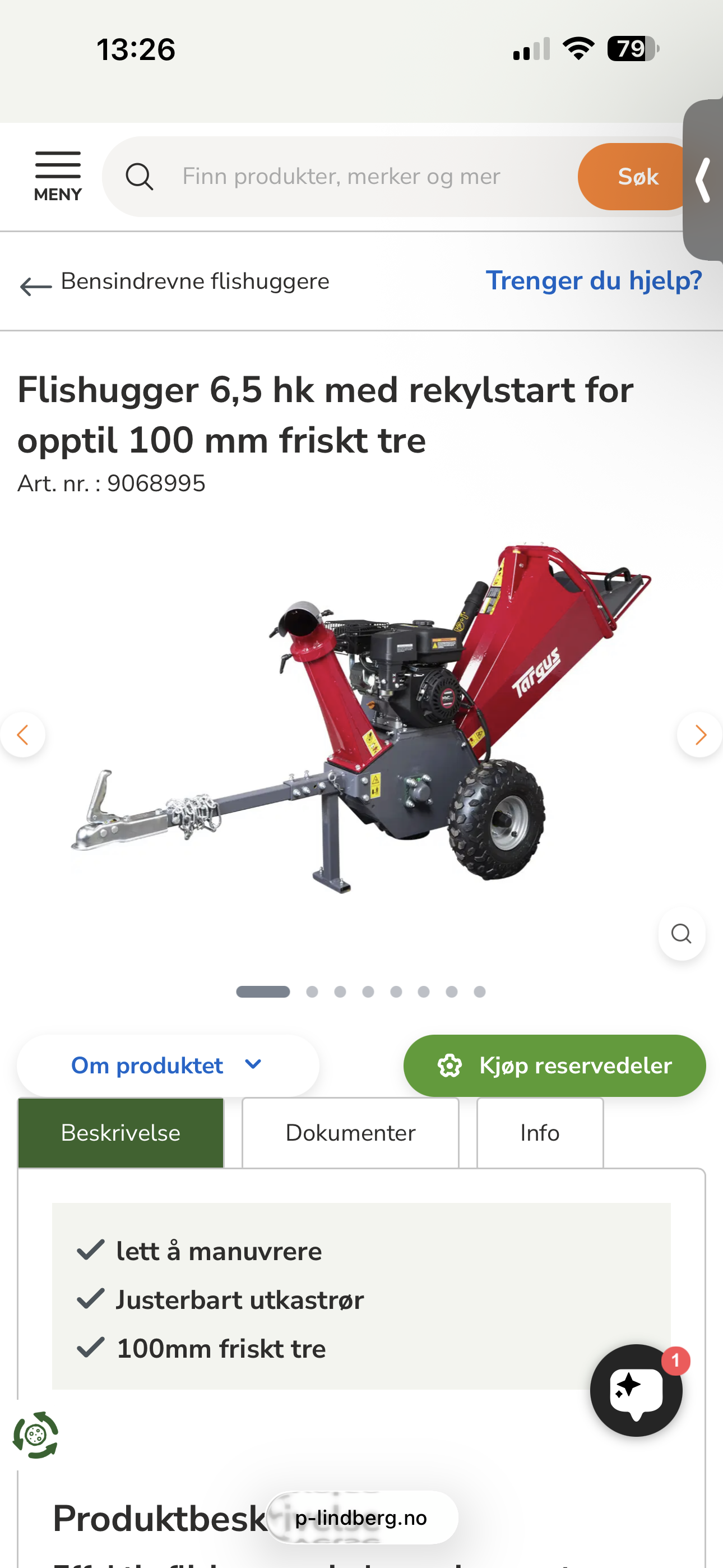 Flishugger 6,5 hk med rekylstart for opptil 100 mm friskt tre