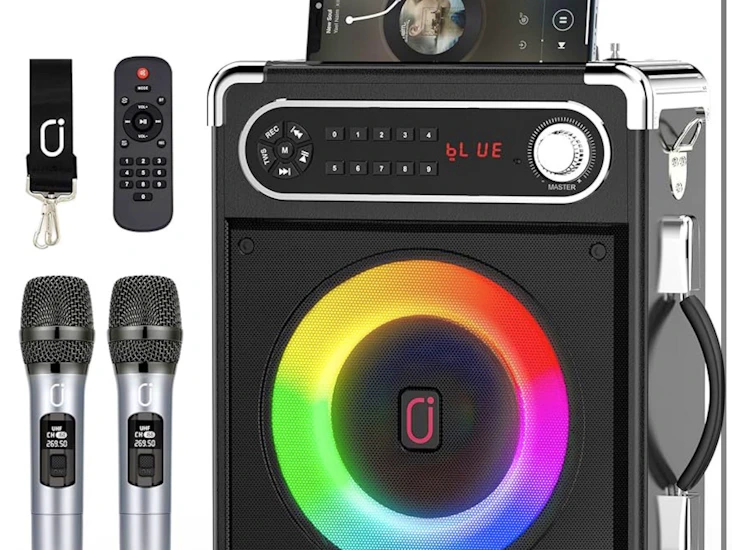 Jyx karaoke machine with two wireless microphones, portable bluetooth speaker with bass/treble adjustment, remote control and led lights, supports tf card/usb, aux in, fm, rec for party