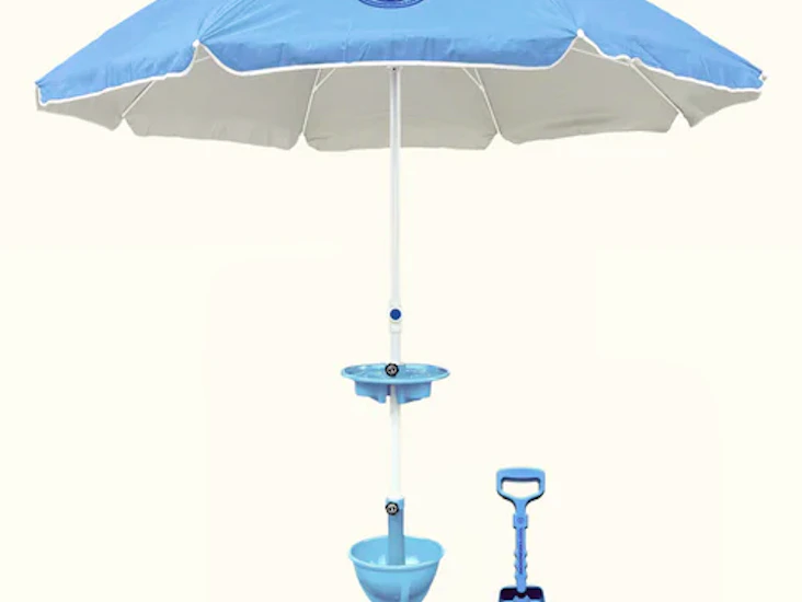 Beach umbrella with sand anchor, table, and carry bag. wind resistant to 25mph. (sky blue)