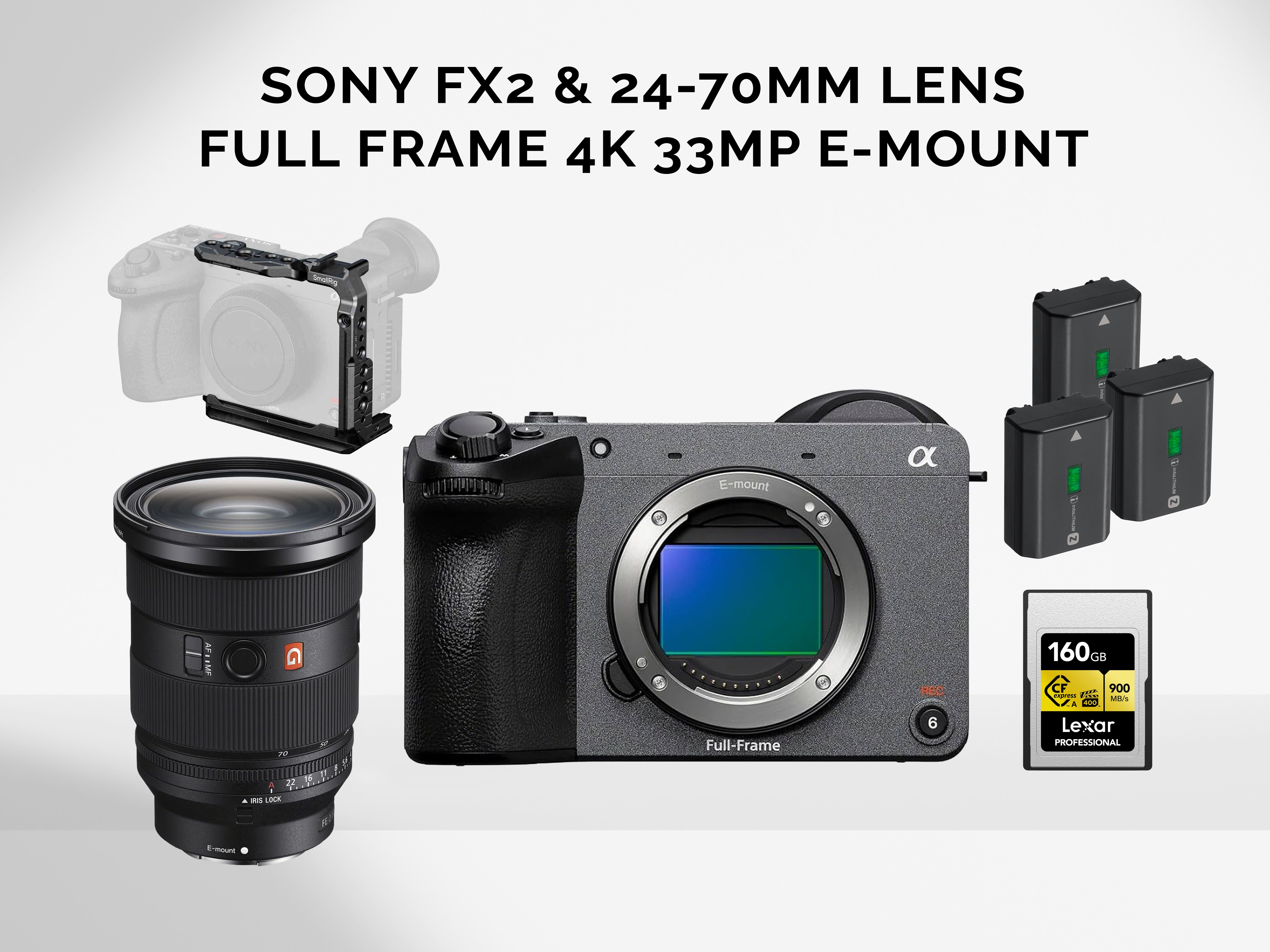 Sony fx2 4k cinema camera with 24-70mm f2.8 gm ii lens with batteries and media