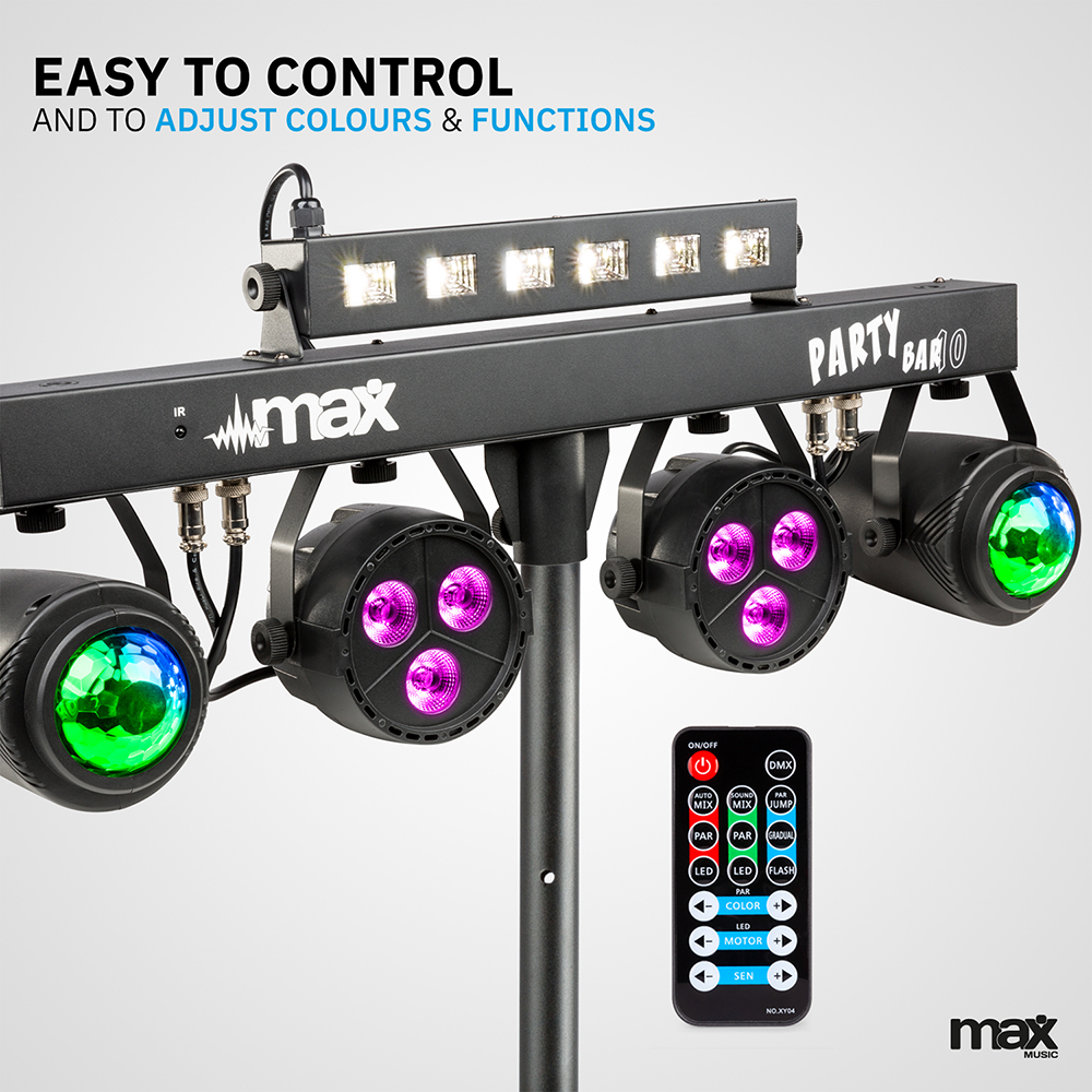 All-in-one sound-active t-bar party light system + stand & remote