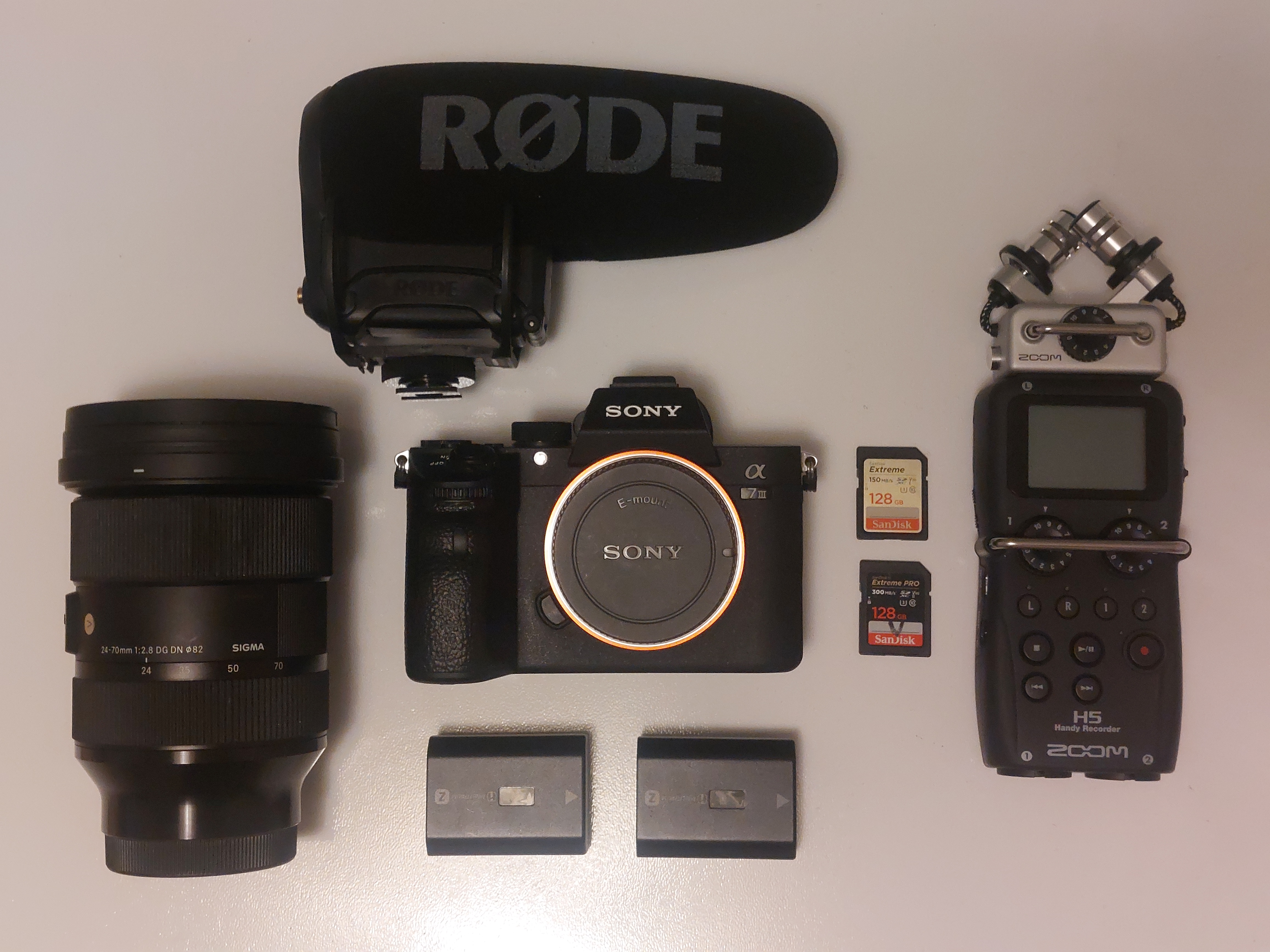 Sony a7iii + sigma 24 - 70 f2.8  + rode videomic pro + & zoom h5 audio recorder